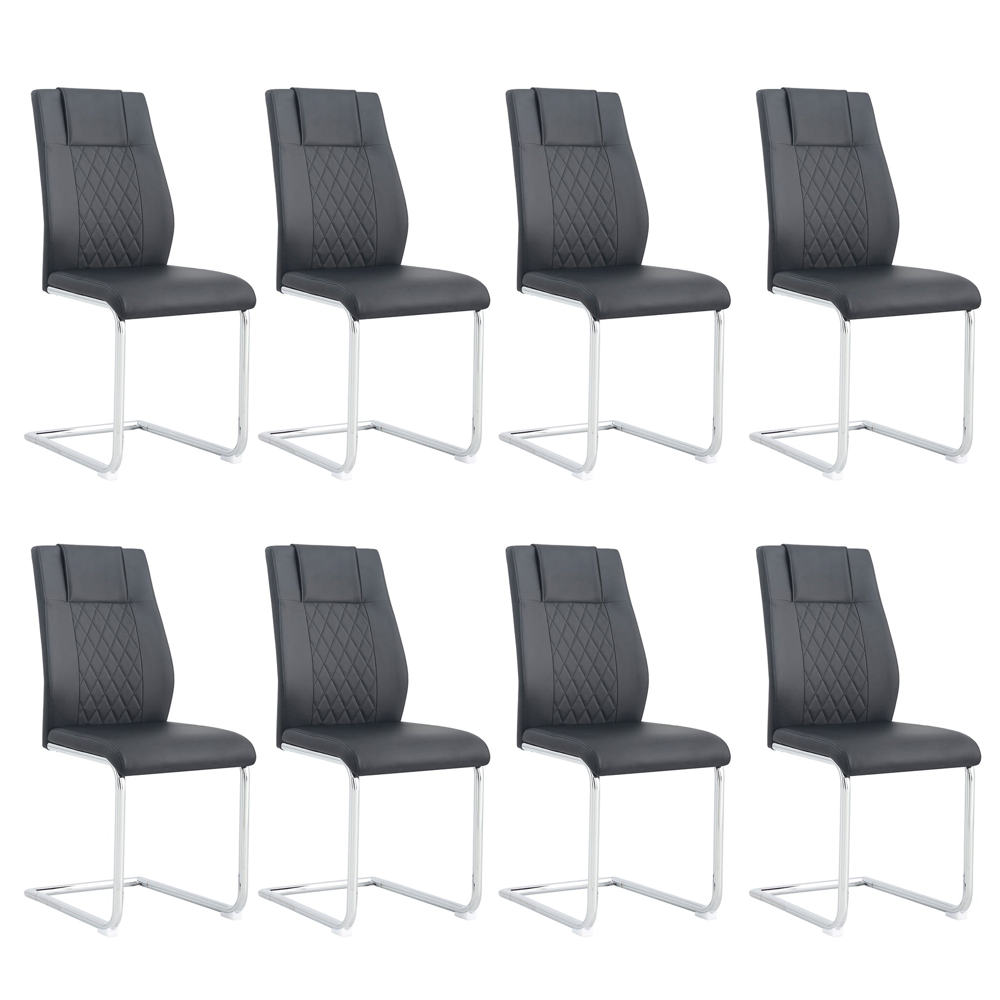 Set of  grey faux leather dining chairs with diamond stitching and chrome sled legs