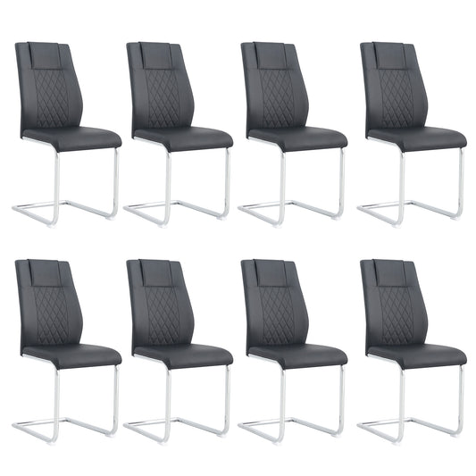 Set of  grey faux leather dining chairs with diamond stitching and chrome sled legs