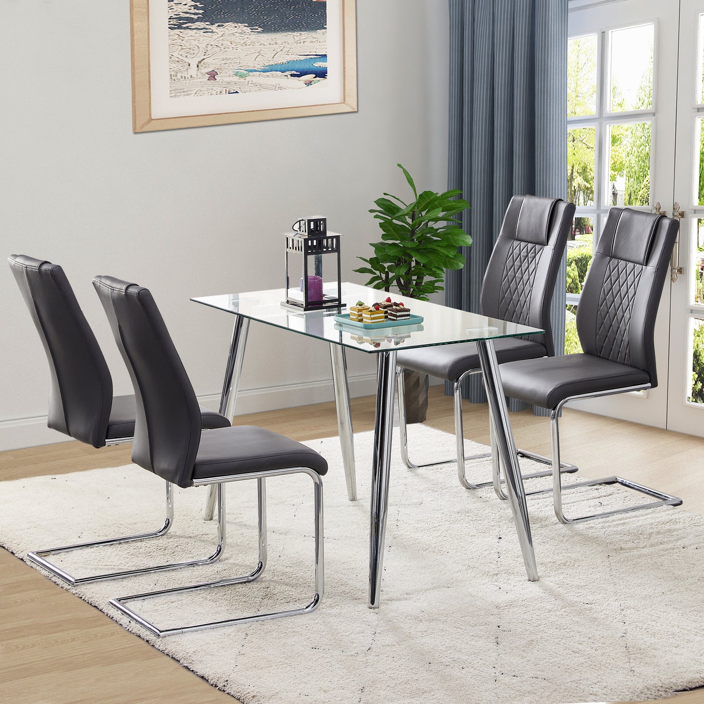 Contemporary glass dining table with sleek chrome legs