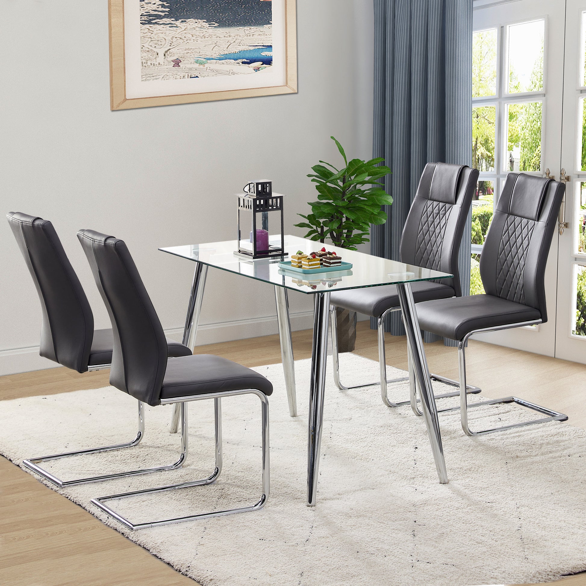 Contemporary glass dining table with sleek chrome legs