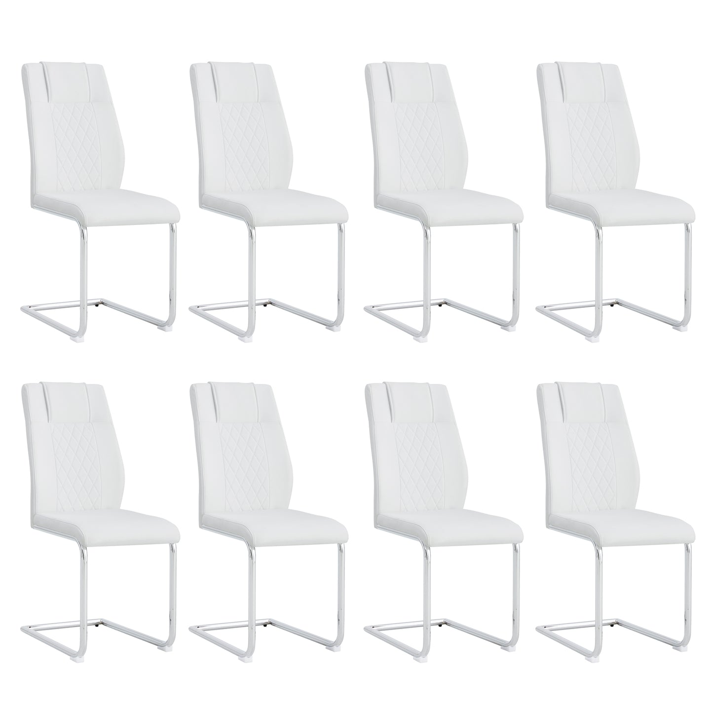 White faux leather dining chairs with diamond stitching and chrome sled base