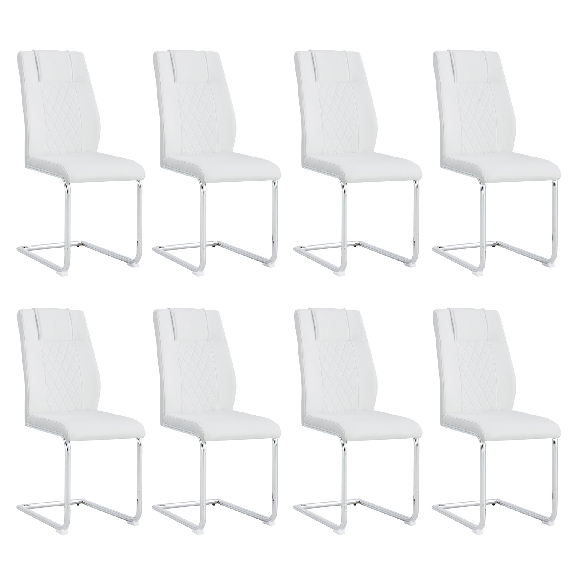 White faux leather dining chairs with diamond stitching and chrome sled base