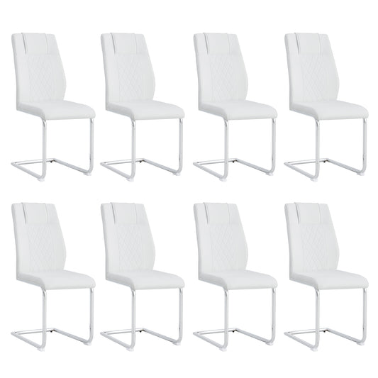 White faux leather dining chairs with diamond stitching and chrome sled base