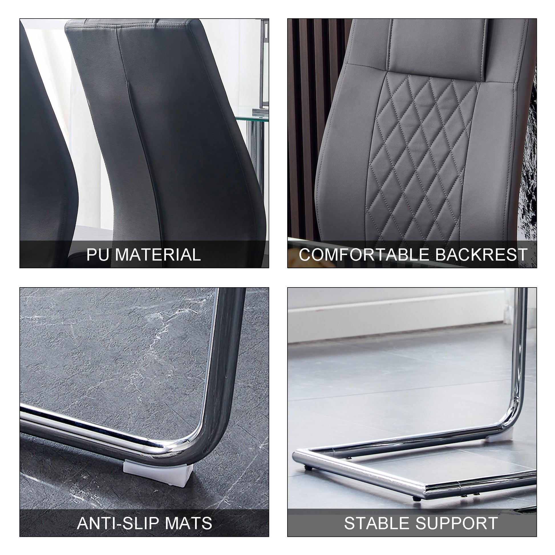 Closeup of sleek black PU material on a dining chair backrest