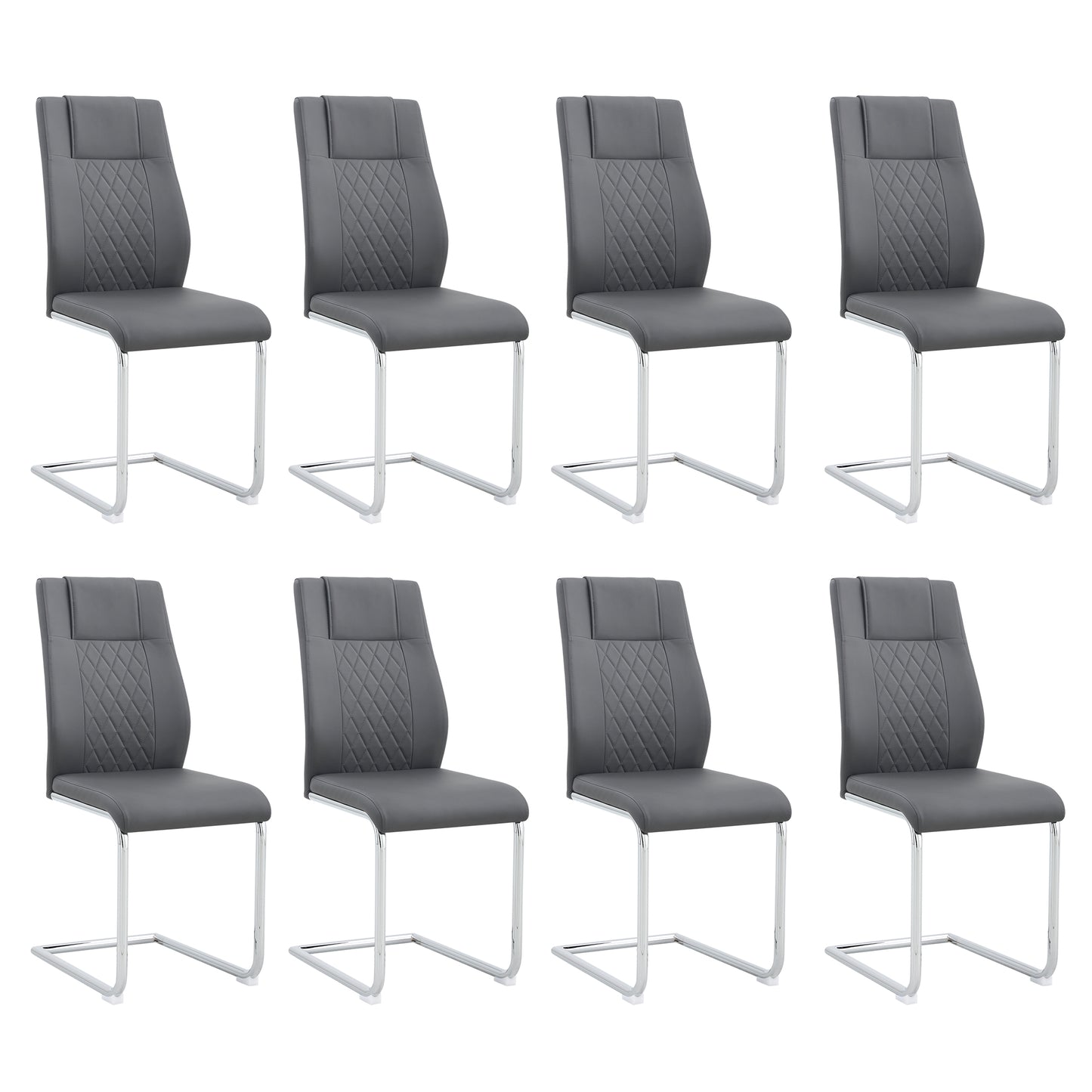 Set of eight grey faux leather dining chairs with diamond stitching and chrome sled legs