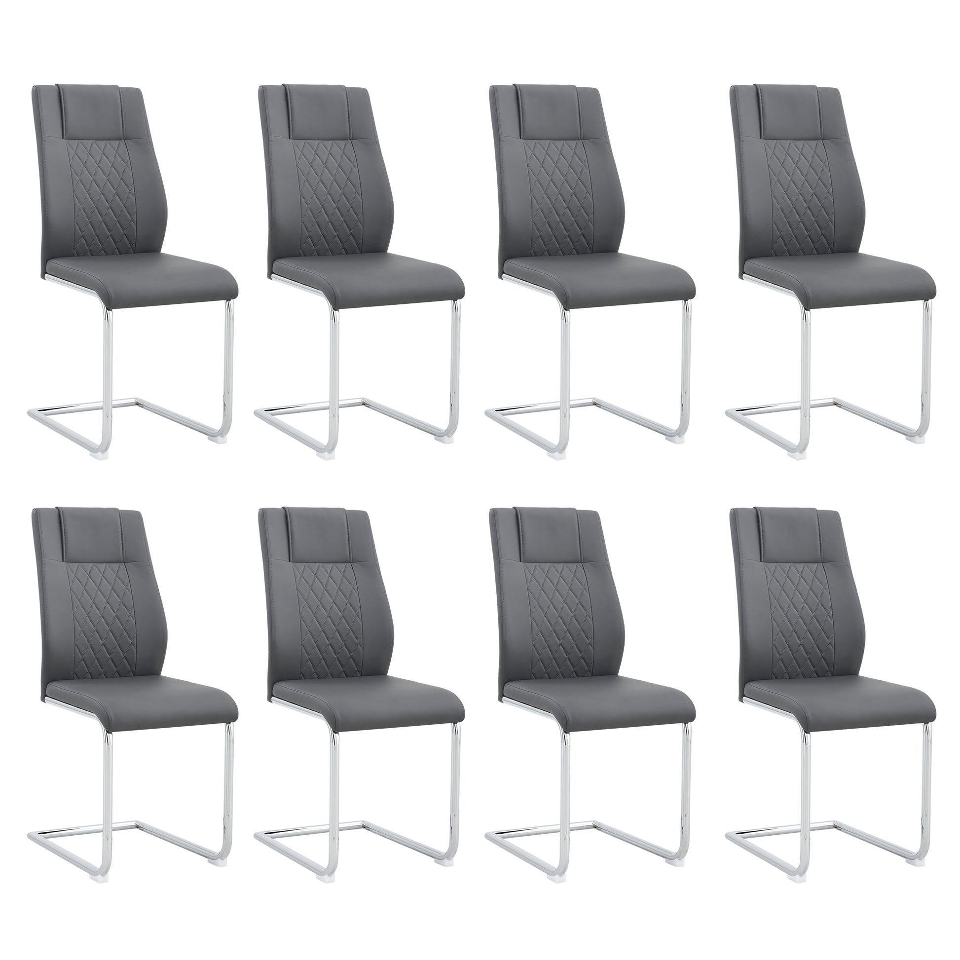 Set of eight grey faux leather dining chairs with diamond stitching and chrome sled legs