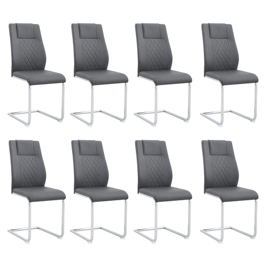 Set of eight grey faux leather dining chairs with diamond stitching and chrome sled legs