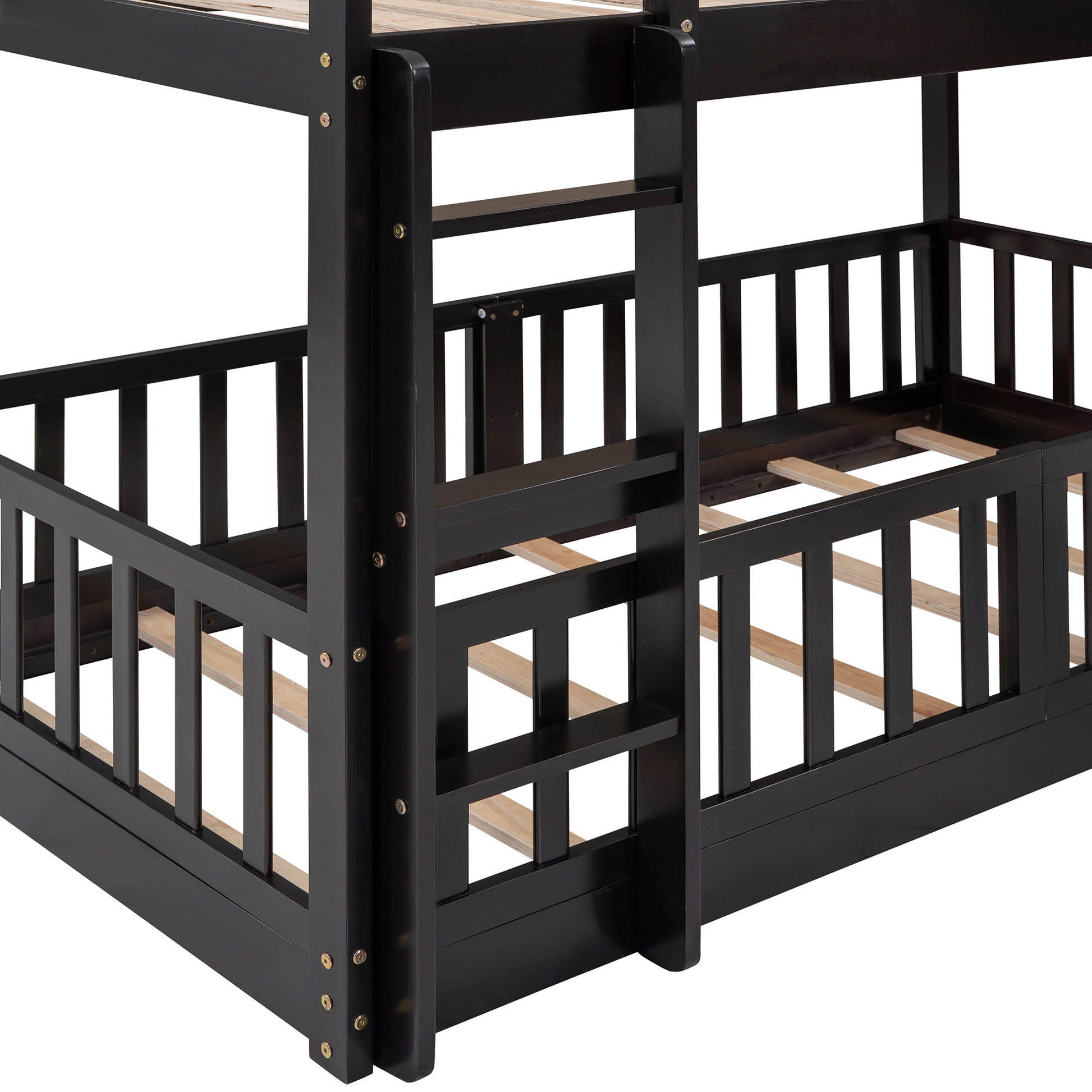 Black wooden bunk bed frame with ladder for kids room
