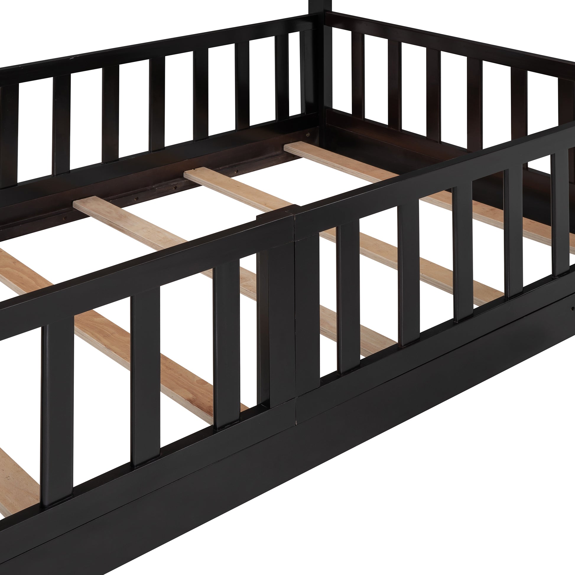 Dark espresso wooden toddler bed frame with sturdy safety rails and slatted support