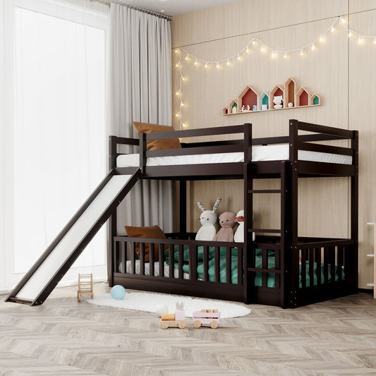 Dark wood twin over twin bunk bed with slide and ladder for kids room