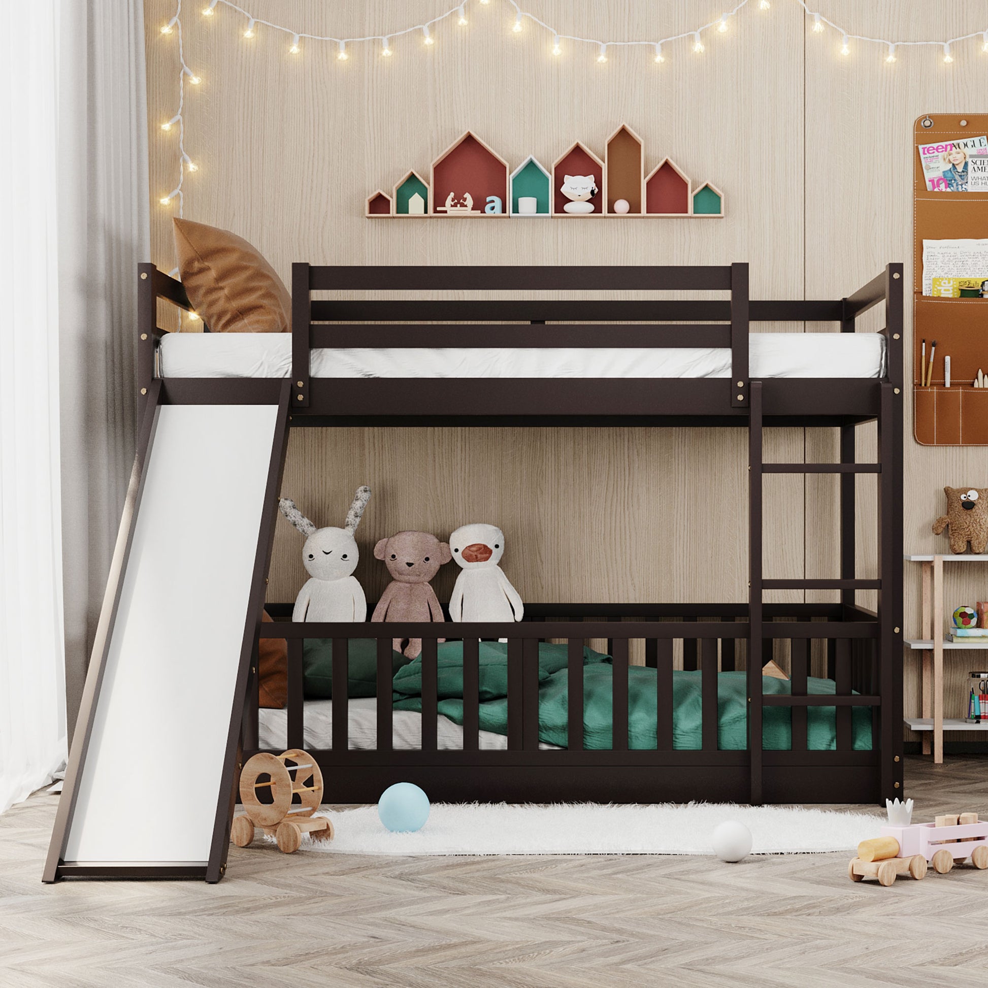 Dark brown wooden bunk bed with a white slide for kids bedrooms