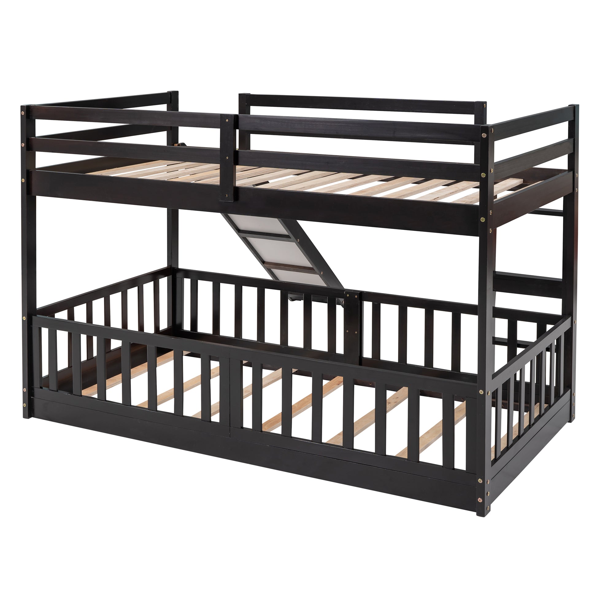 Dark wood bunk bed with ladder for kids room featuring safety rails