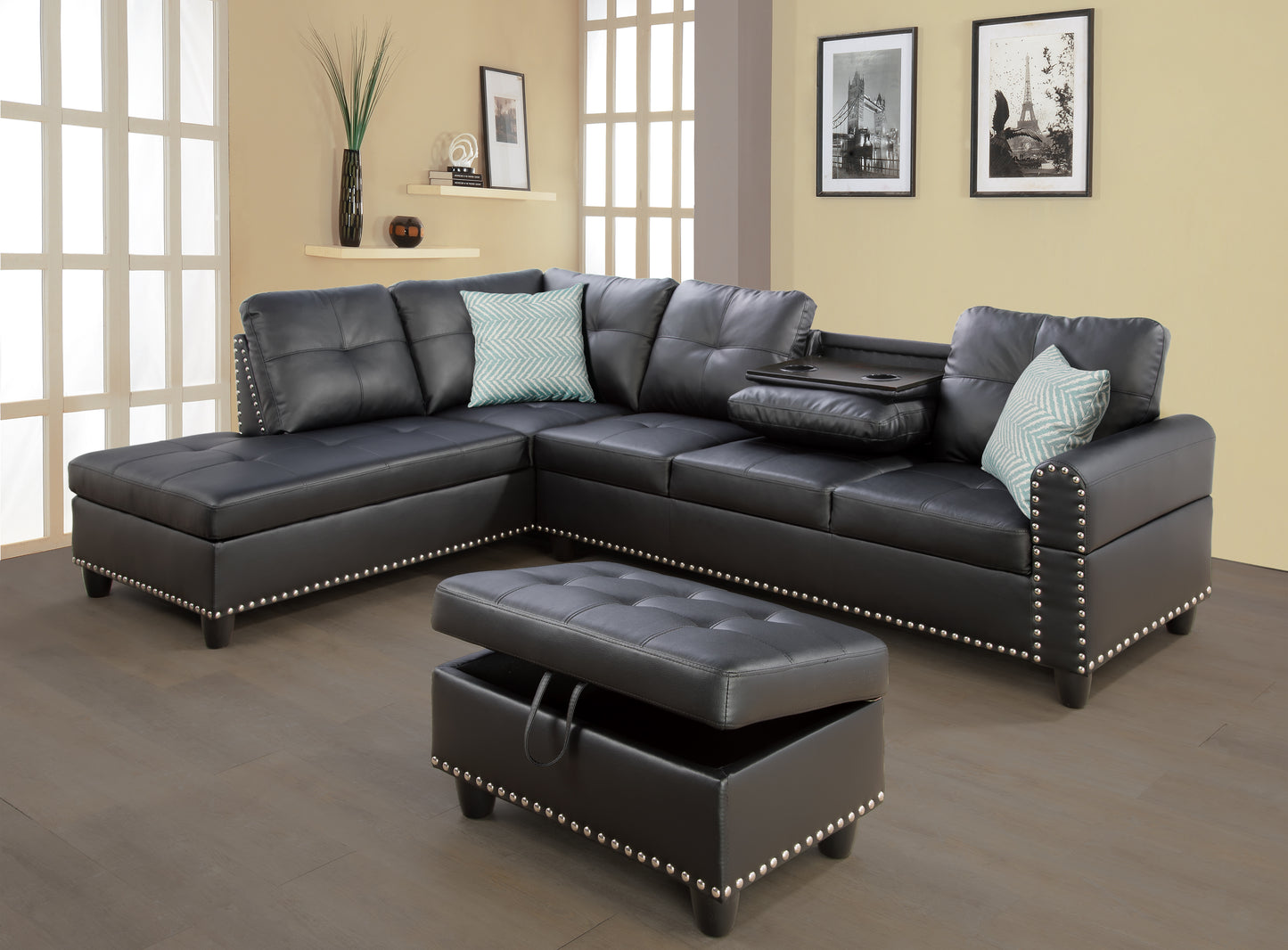 TREATLIFE HOME Faux Leather Sectional Sofa with Ottoman and Storage, L-Shaped Design, Comfortable Seating for Four, Black