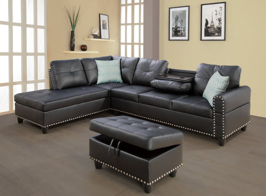 TREATLIFE HOME Faux Leather Sectional Sofa with Ottoman and Storage, L-Shaped Design, Comfortable Seating for Four, Black