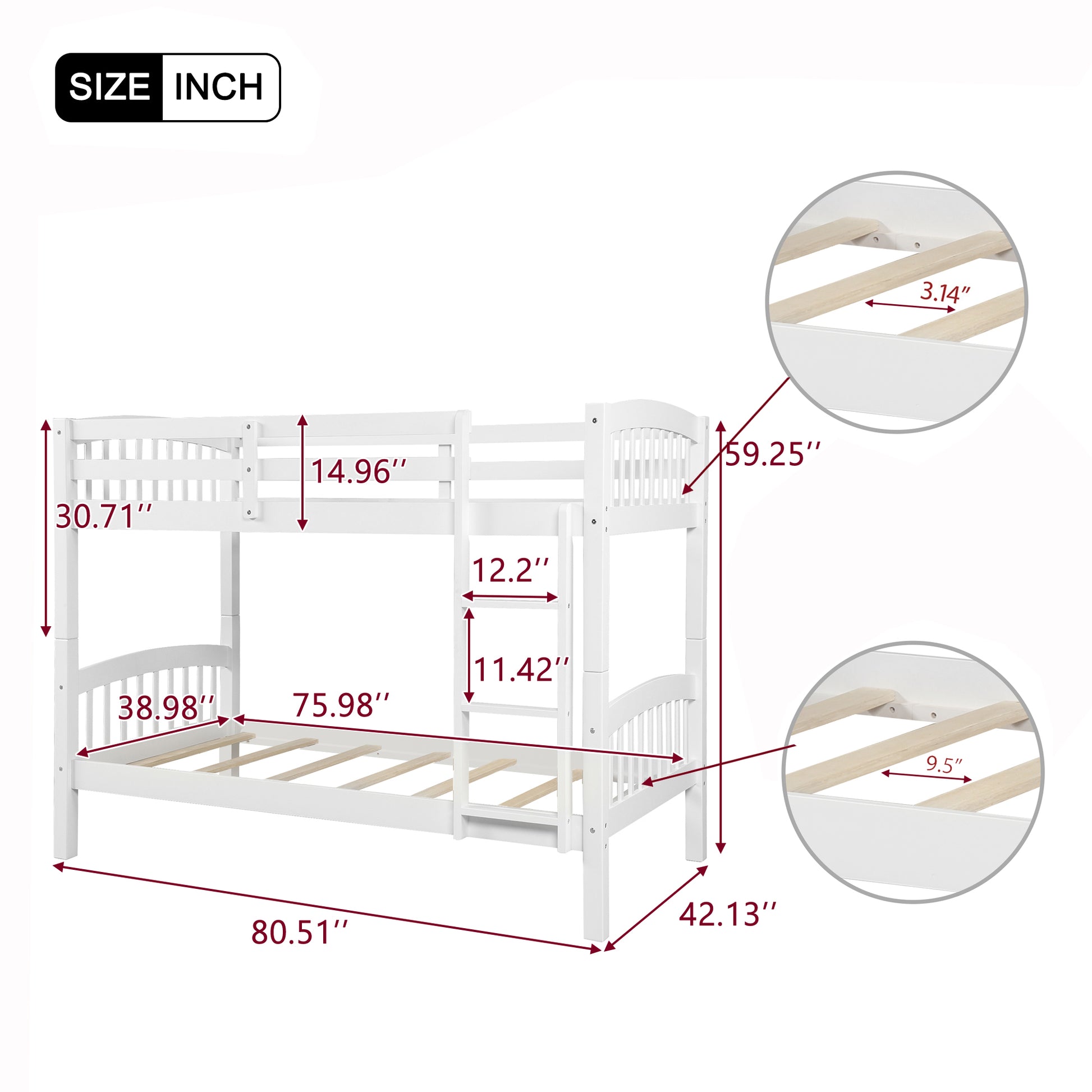 White wooden bunk bed with ladder featuring detailed dimensions for safe sleep