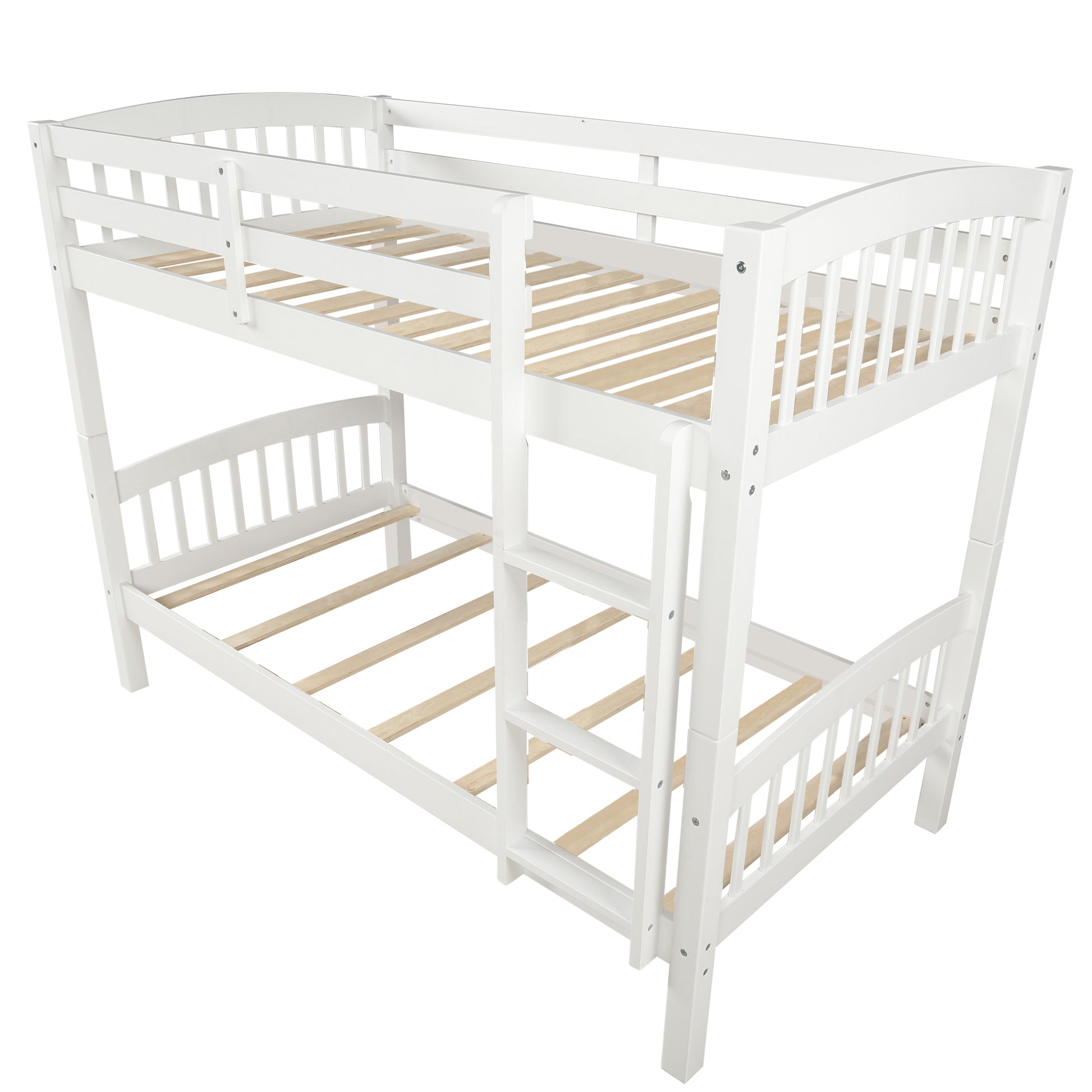 White wooden twin over twin bunk bed with ladder and slatted platform ideal for kids rooms