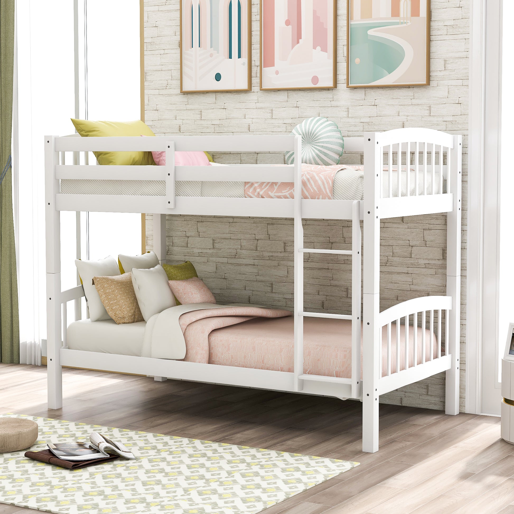 Classic white wooden bunk bed with curved headboards and sturdy ladder ideal for childrens rooms