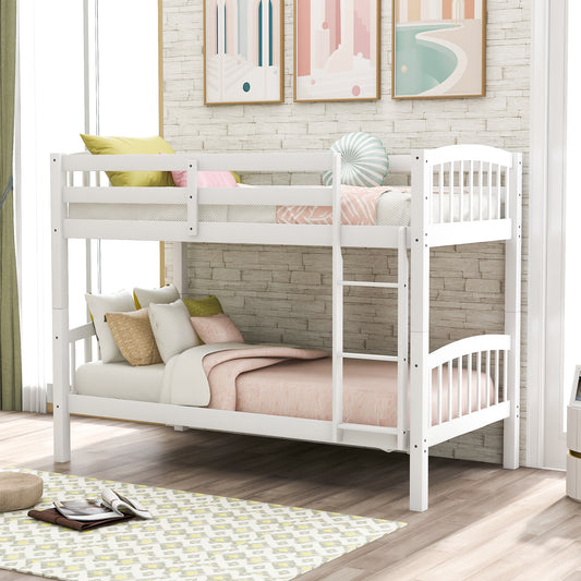 Classic white wooden bunk bed with curved headboards and sturdy ladder ideal for childrens rooms