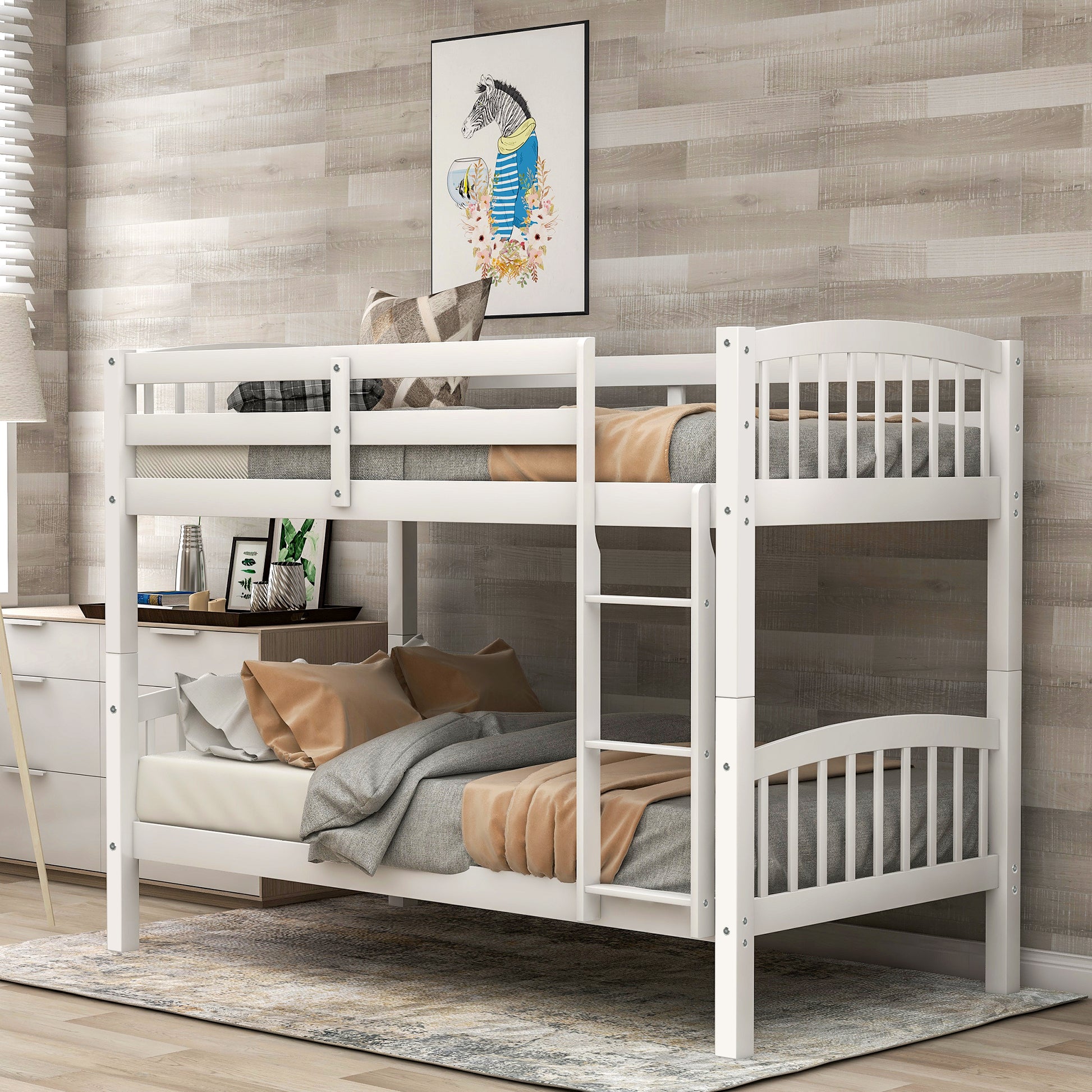 White twin over twin wooden bunk bed with ladder and bedding