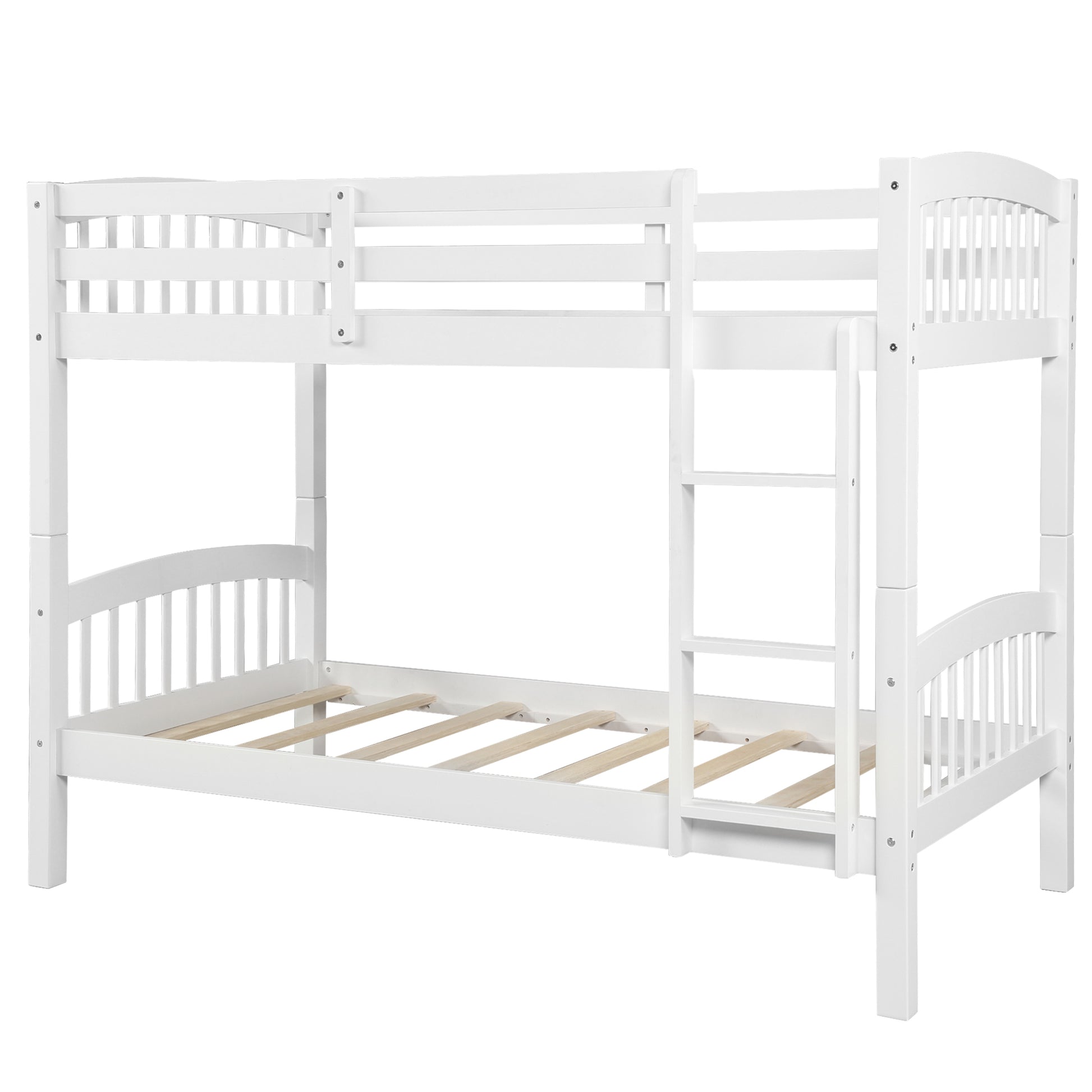 White twin over twin bunk bed with wooden slats and slatted headboards