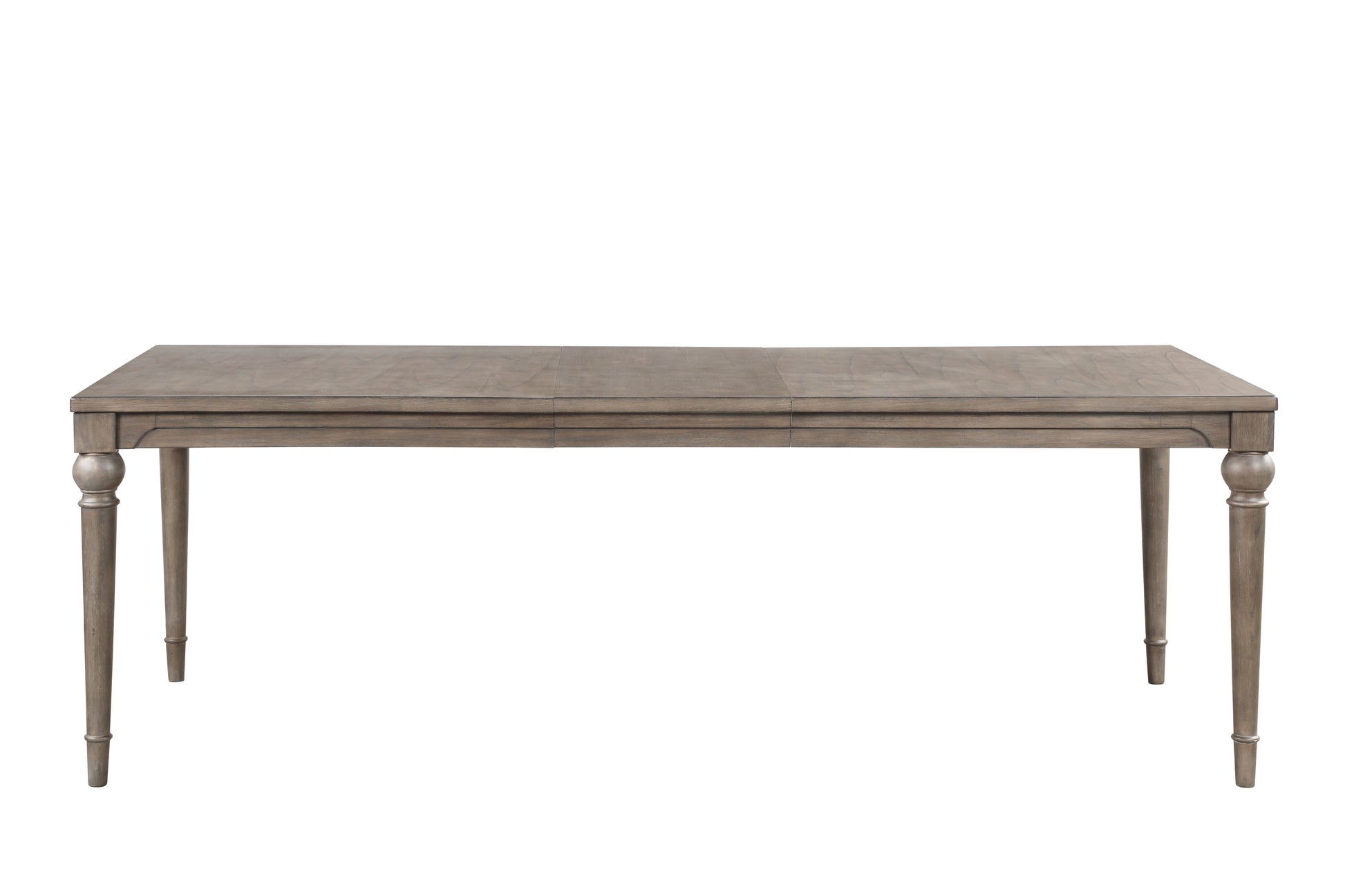Weathered gray wood dining table with carved legs