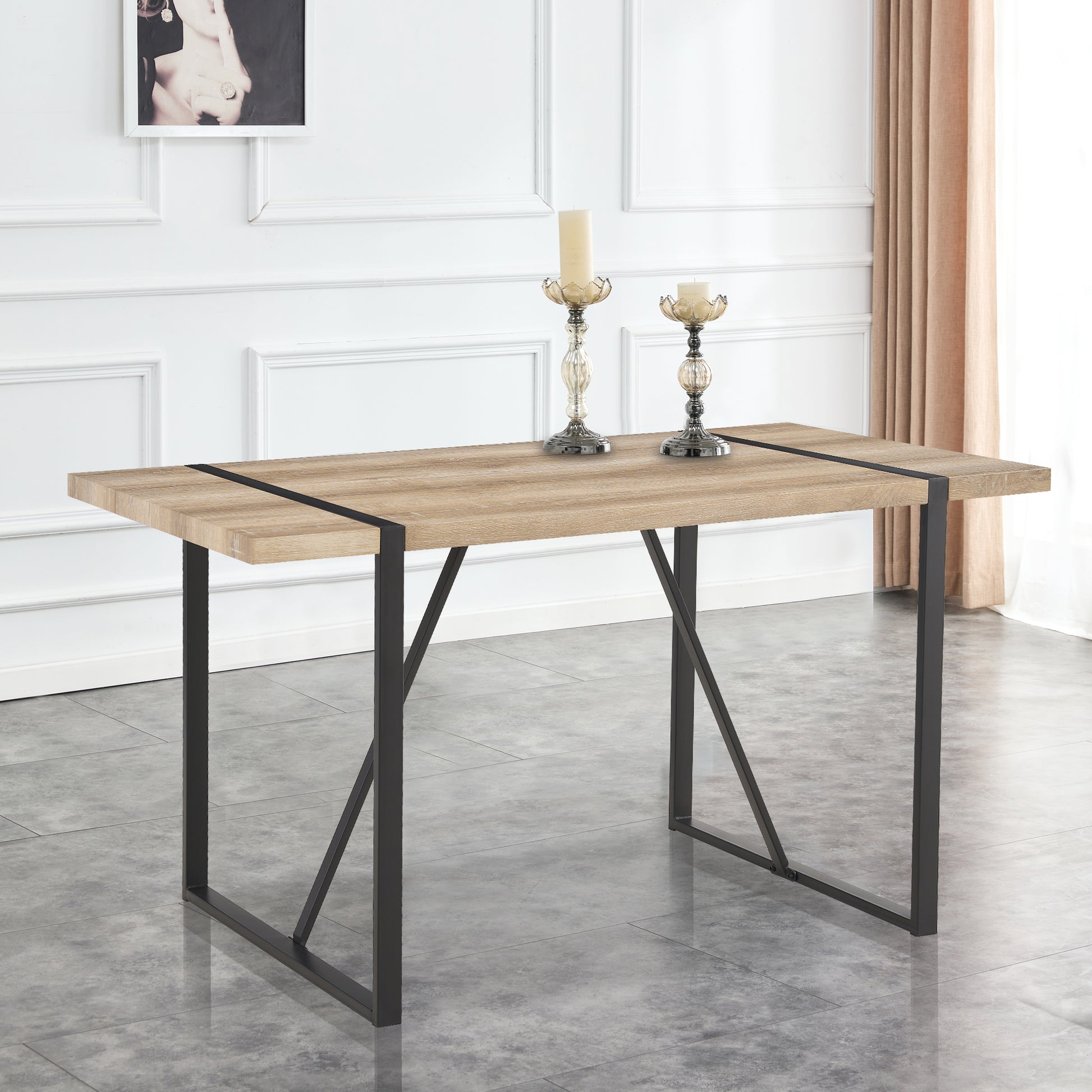 Light oak dining table with black metal legs