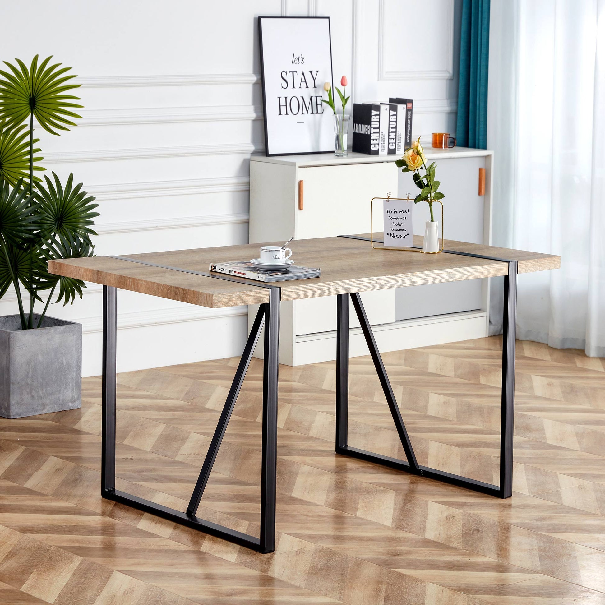 Wooden dining table with black metal legs