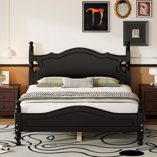 Black wooden bed frame with ornate headboard and footboard queen size for comfortable sleeping