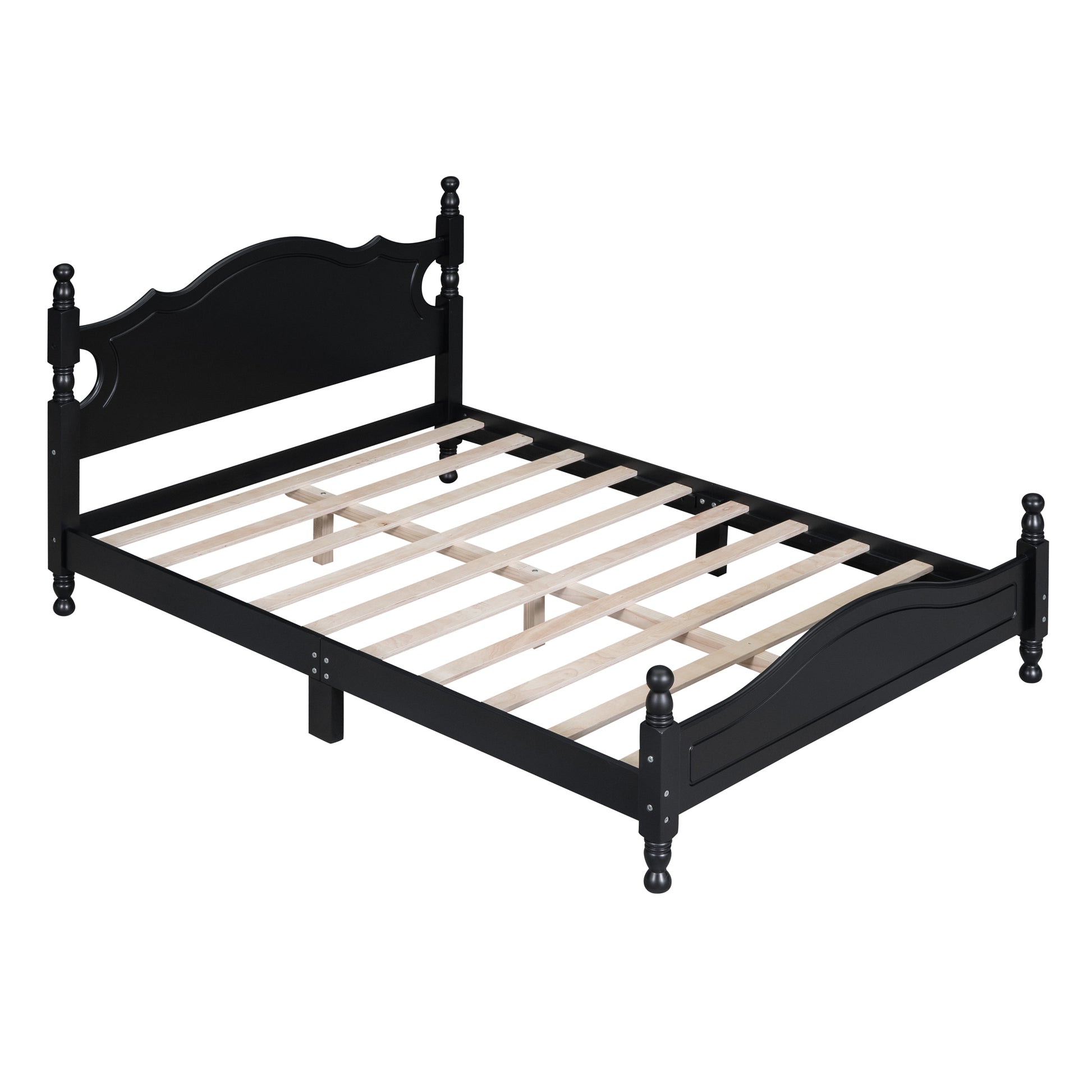 Black wooden bed frame with ornate headboard and footboard for a bedroom