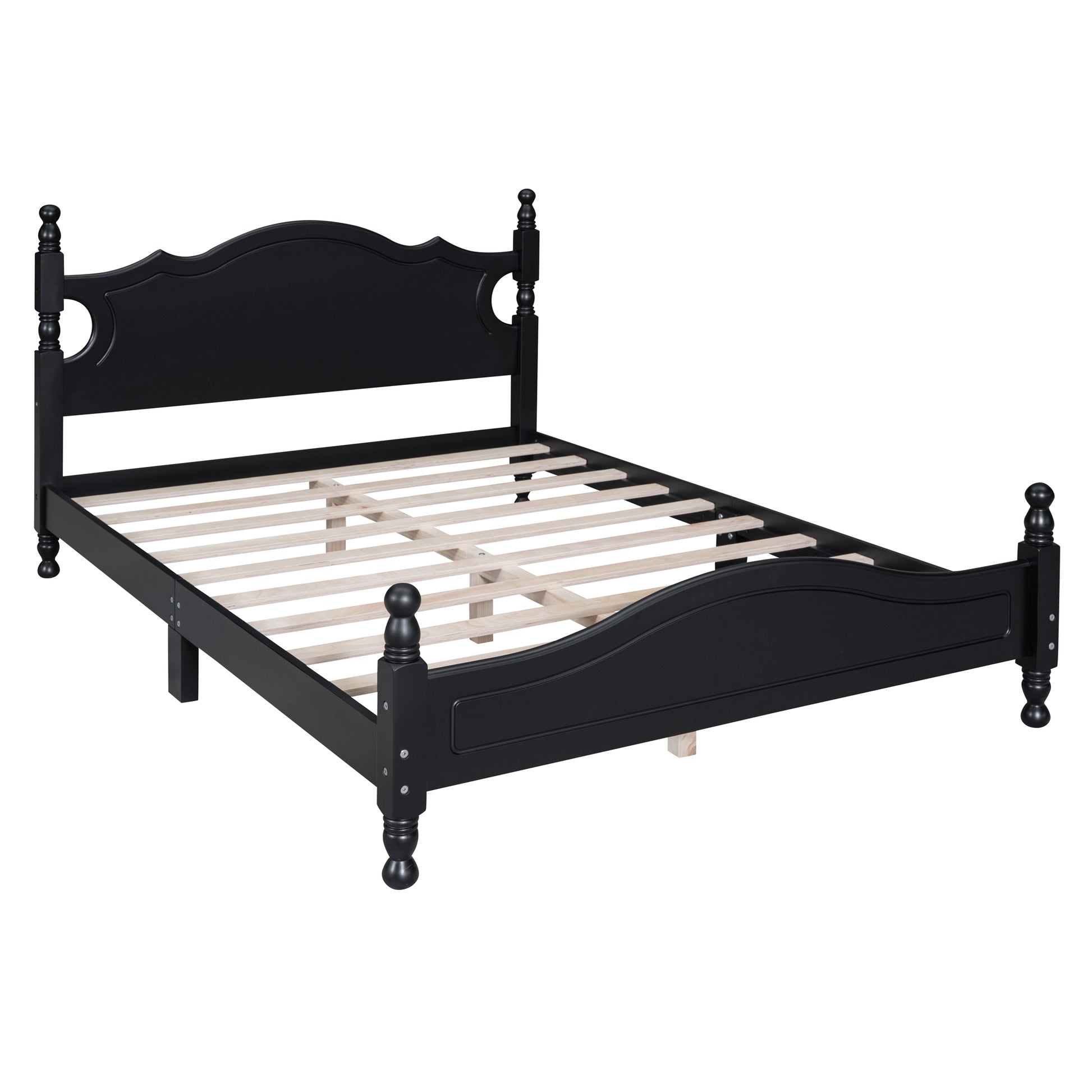 Elegant black wooden bed frame with a curved headboard and footboard and decorative finials