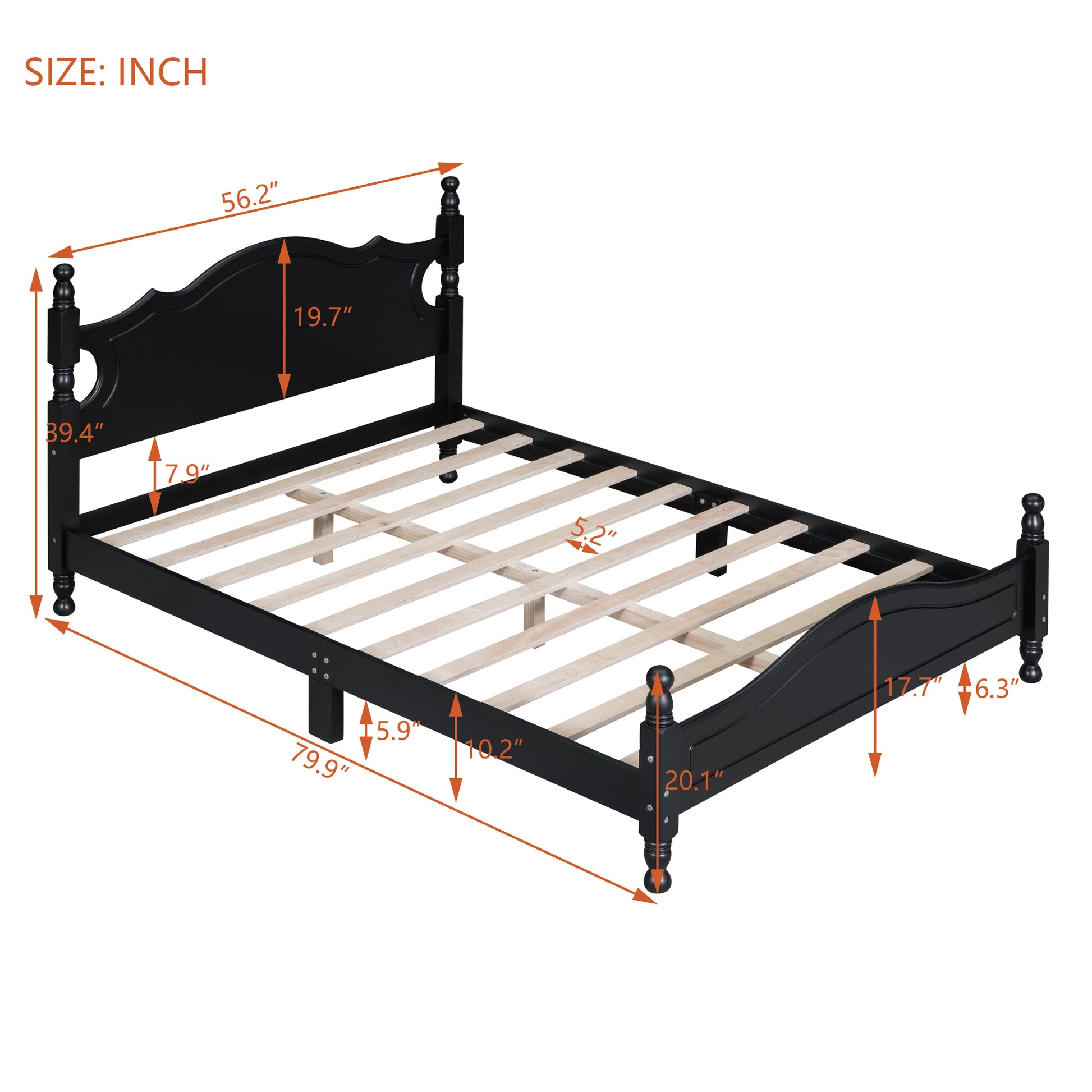 Black wooden bed frame with ornate headboard and footboard showing dimensions for queen size bed