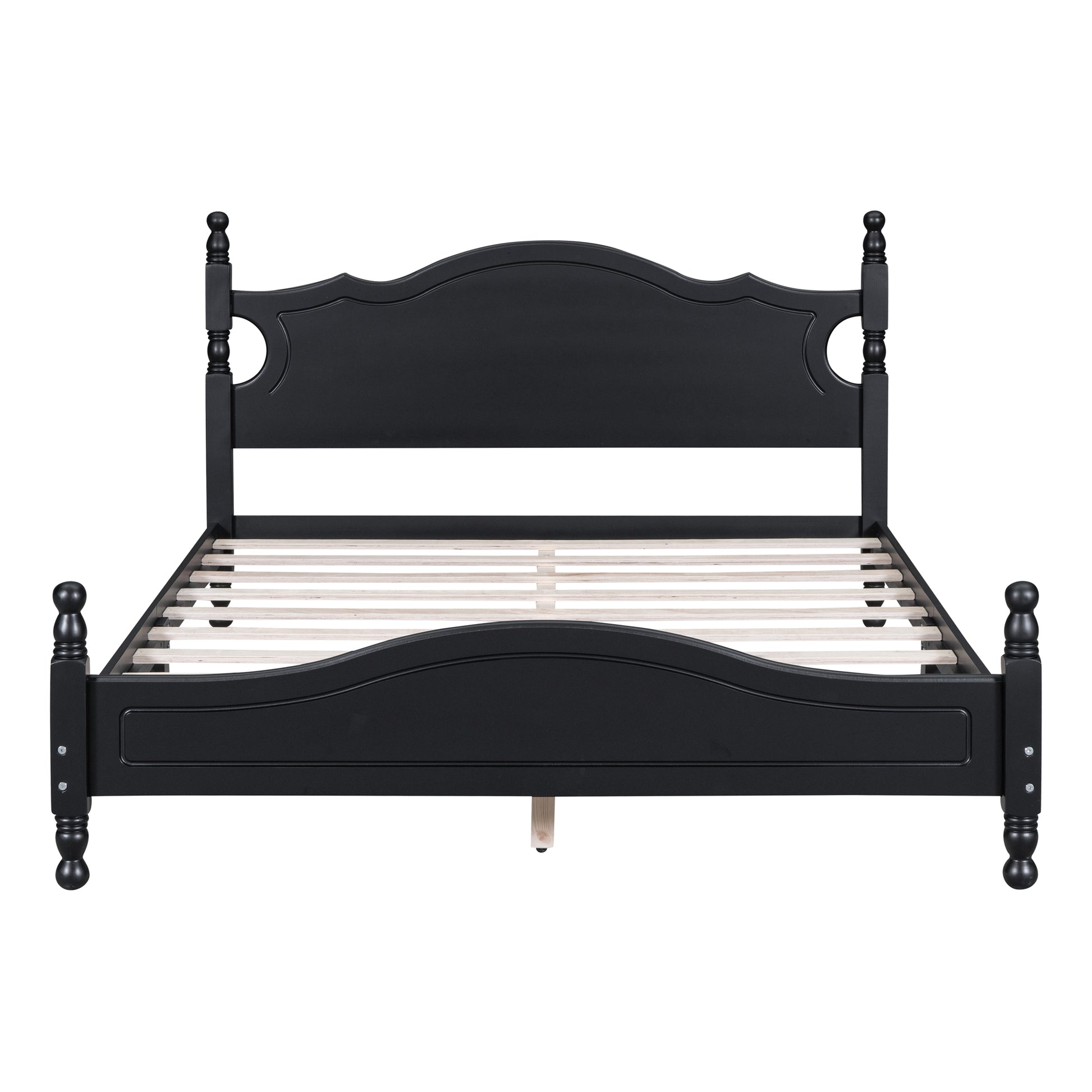 Black wooden bed frame with carved headboard and footboard slatted base