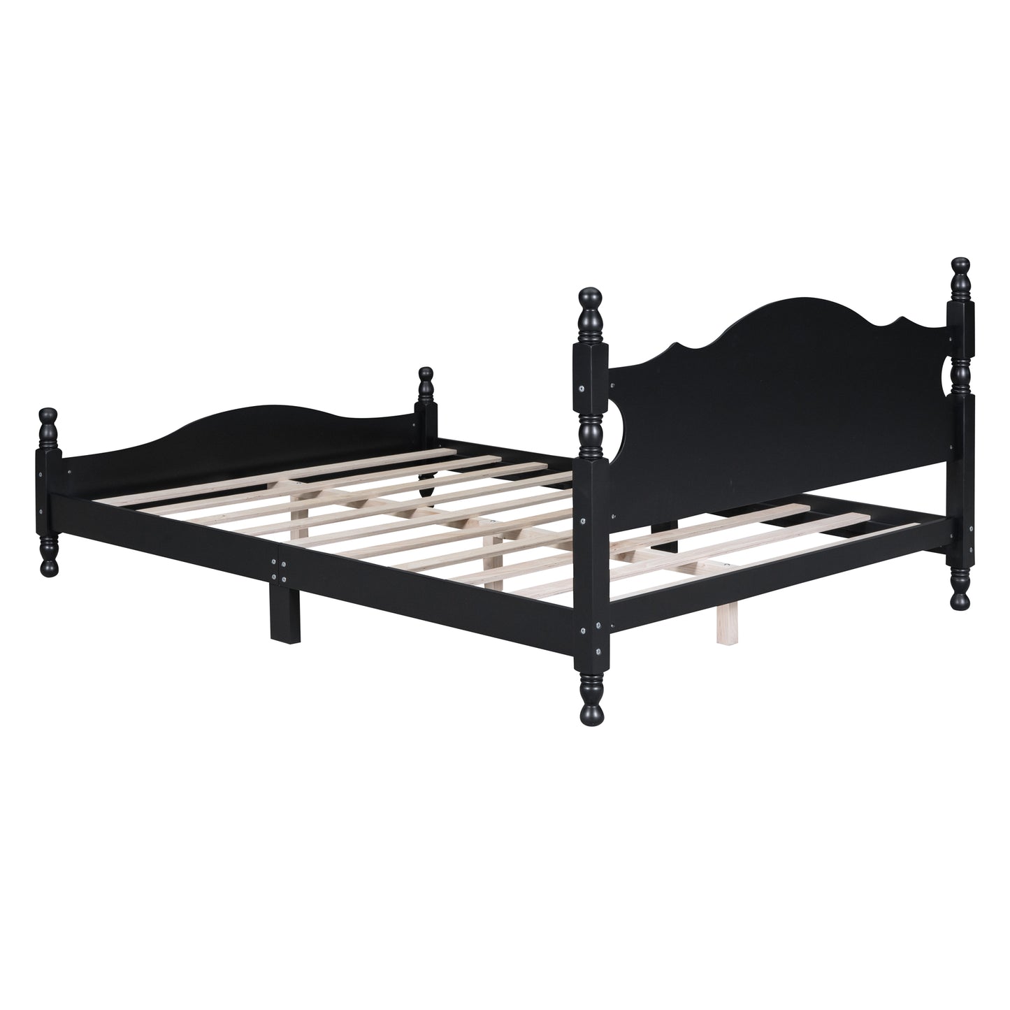 Black wooden bed frame with decorative finials and arched headboard