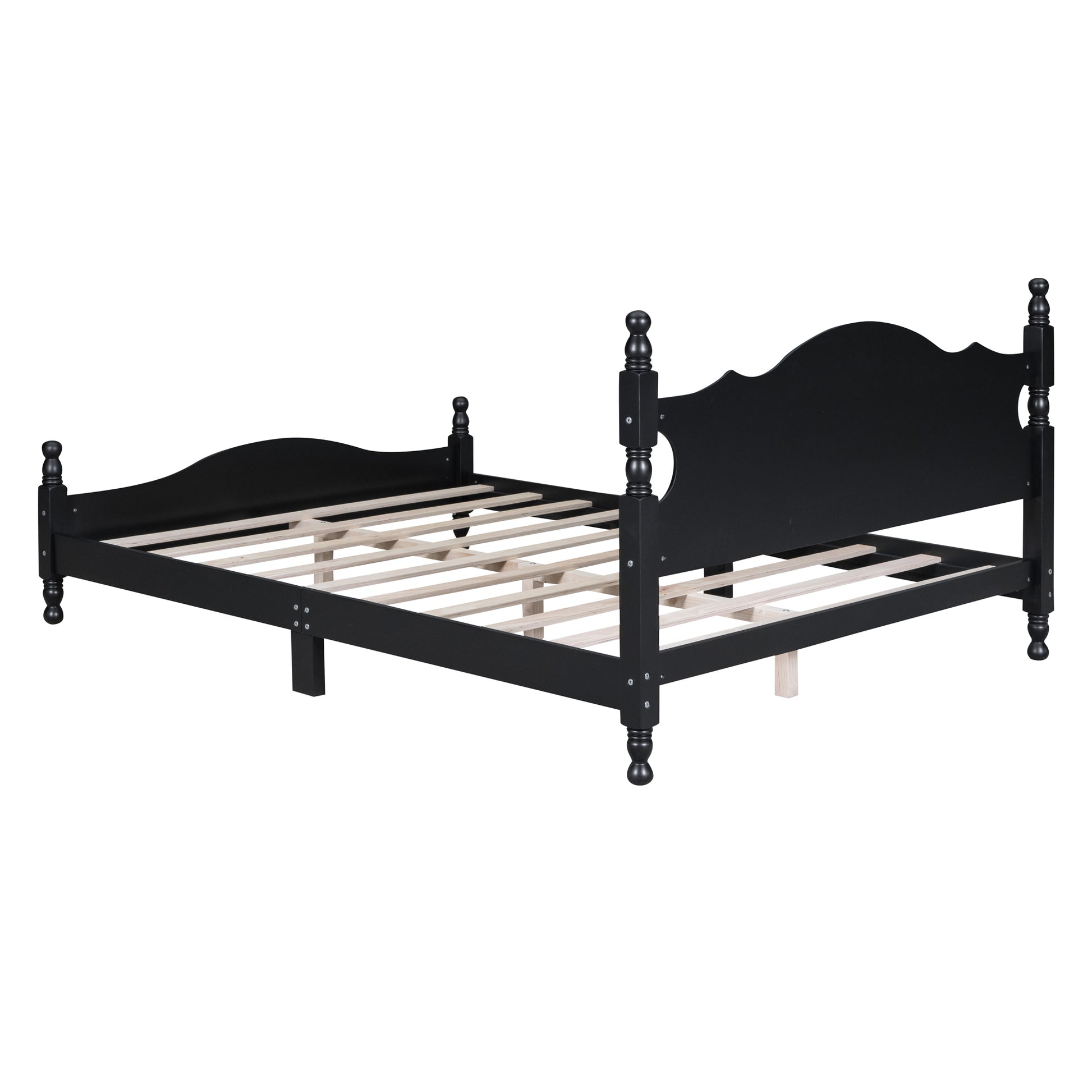 Black wooden bed frame with decorative finials and arched headboard