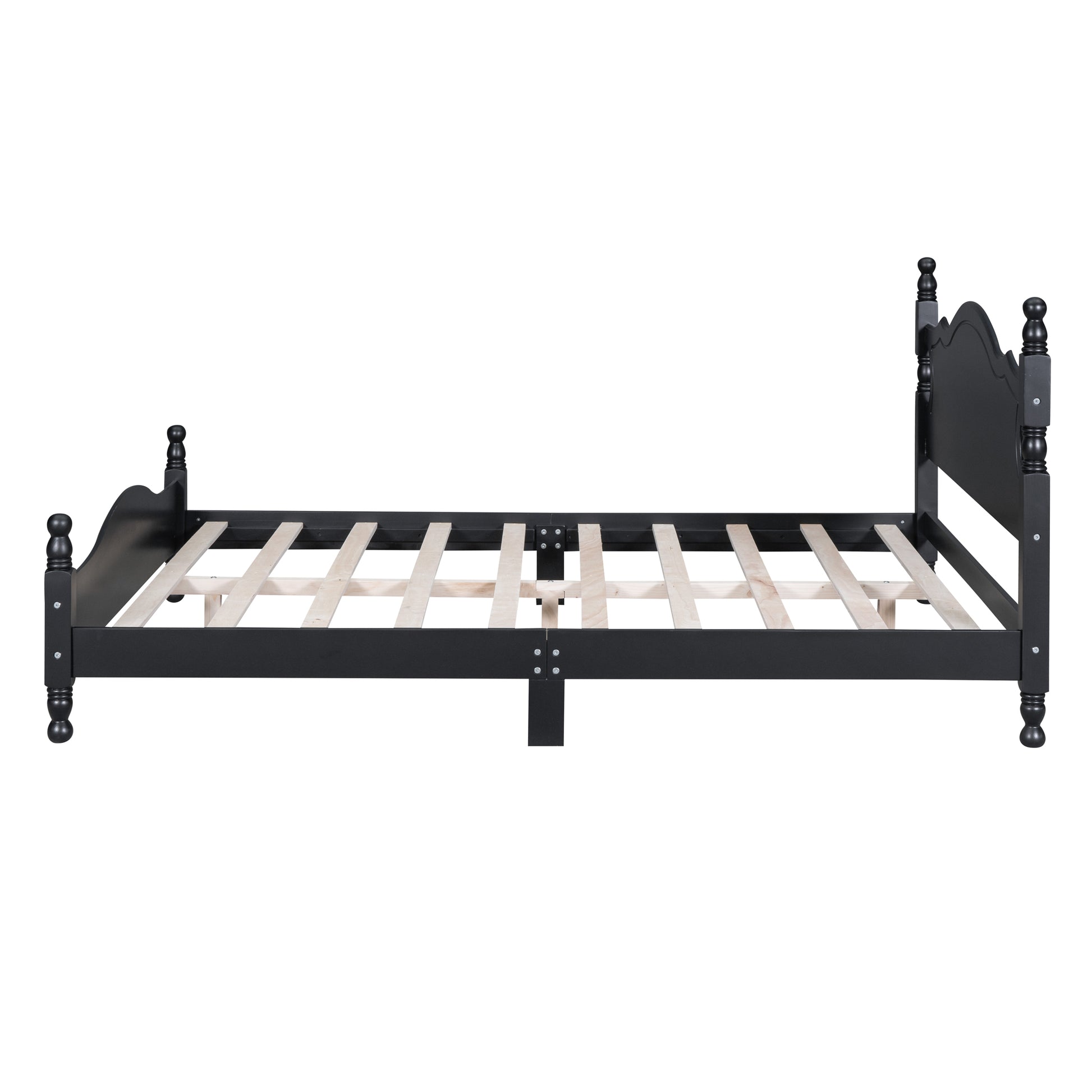Black wooden bed frame with decorative finials and slatted support