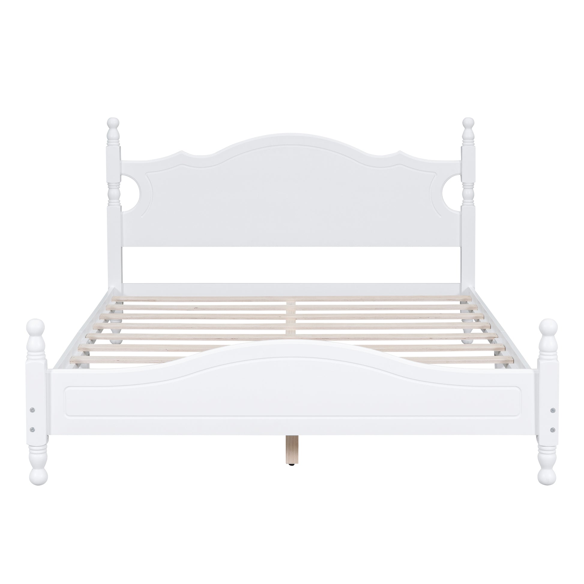 White wooden bed frame with spindle posts and curved headboard