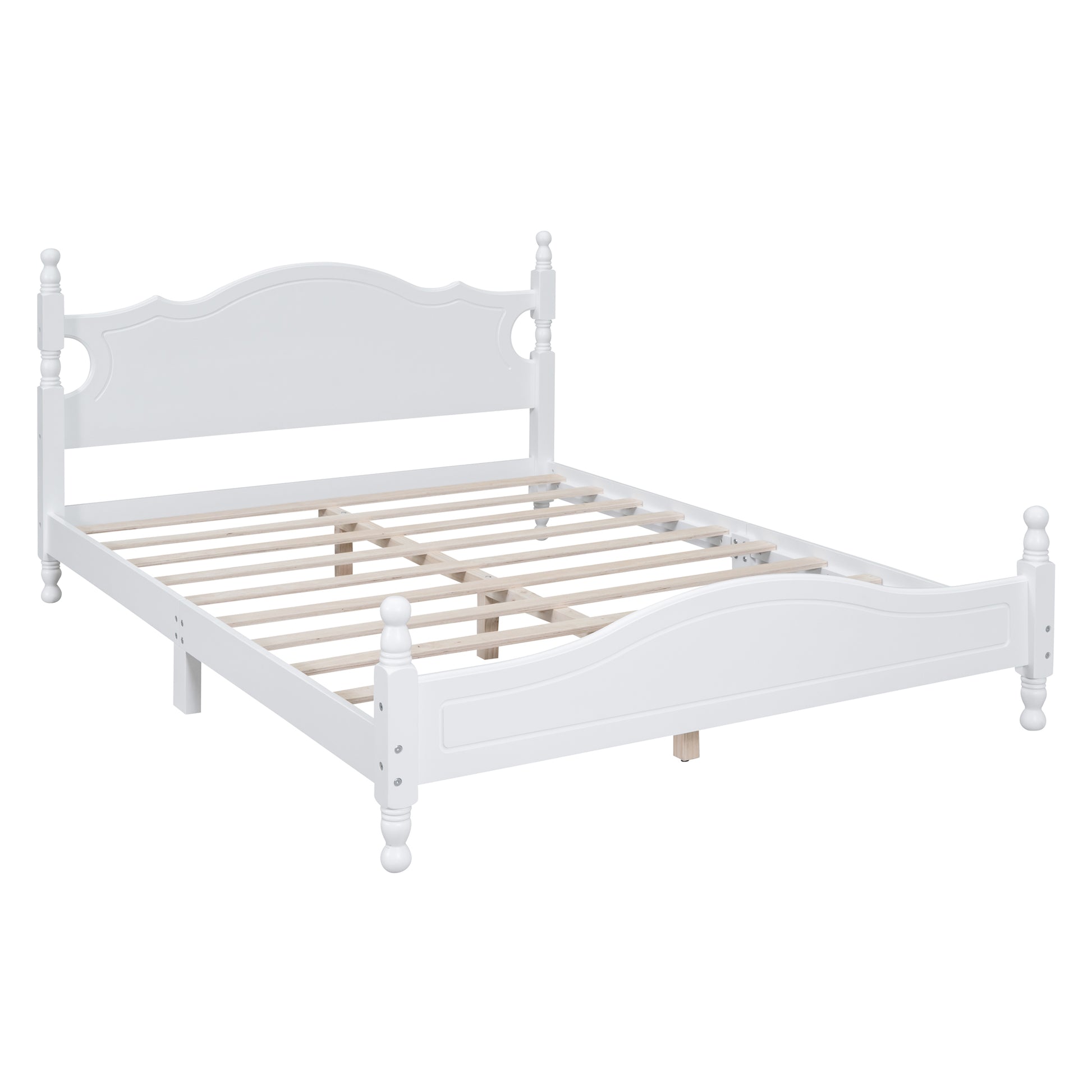 White wooden bed frame with ornate headboard and footboard for bedroom