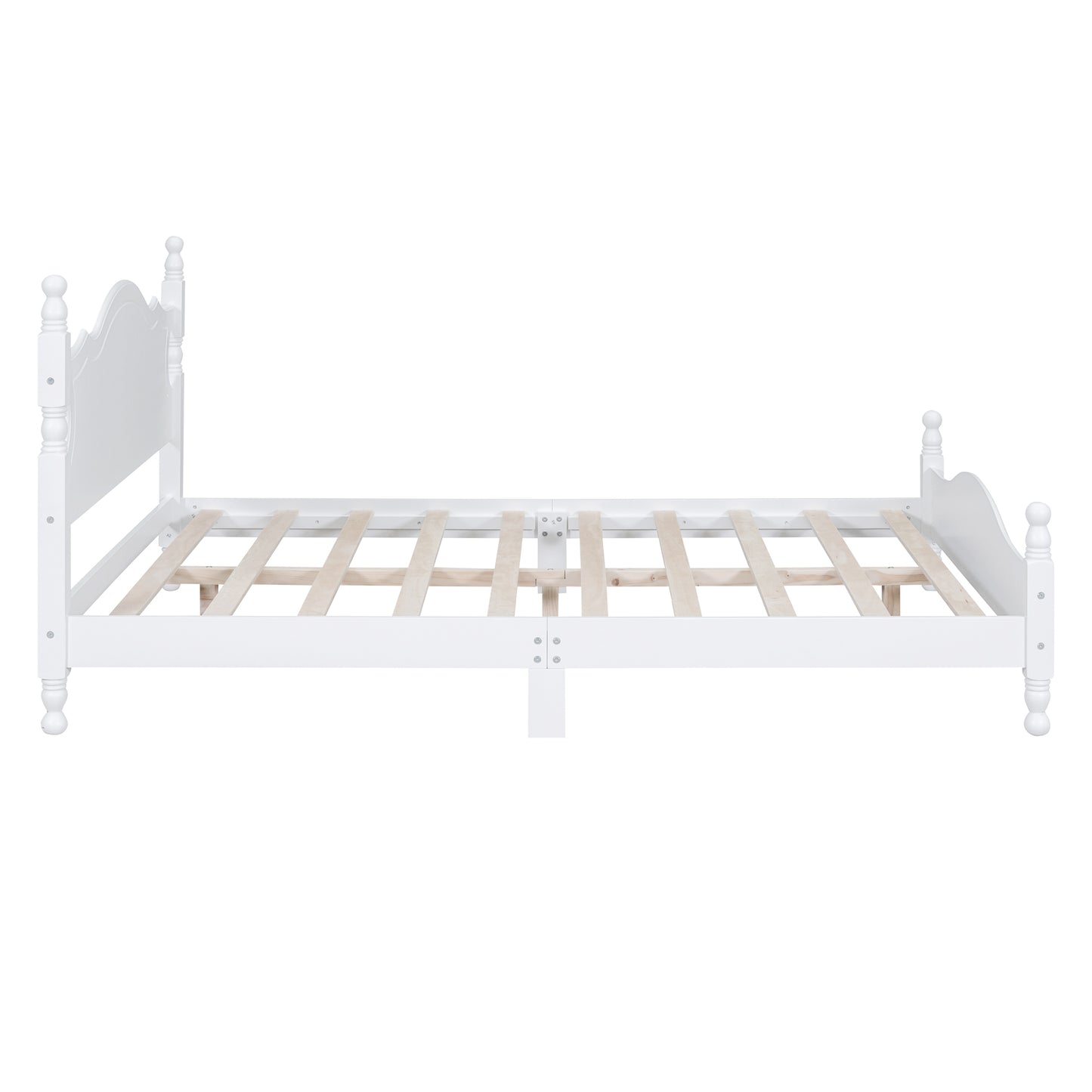 White wooden bed frame with ornate headboard and slatted base for mattress support