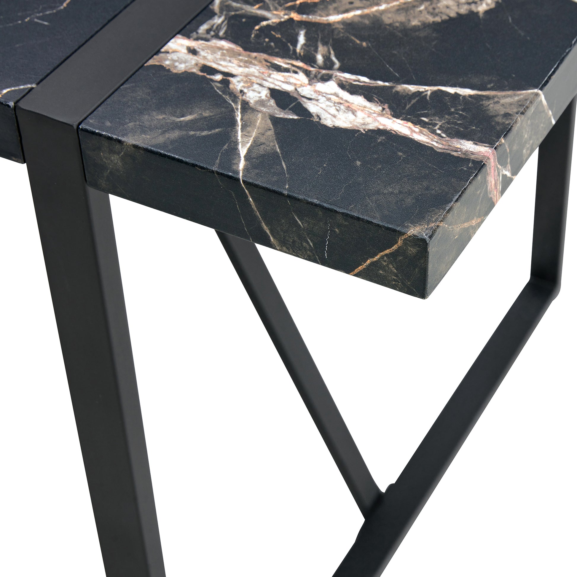 Black marble top end table with black metal frame