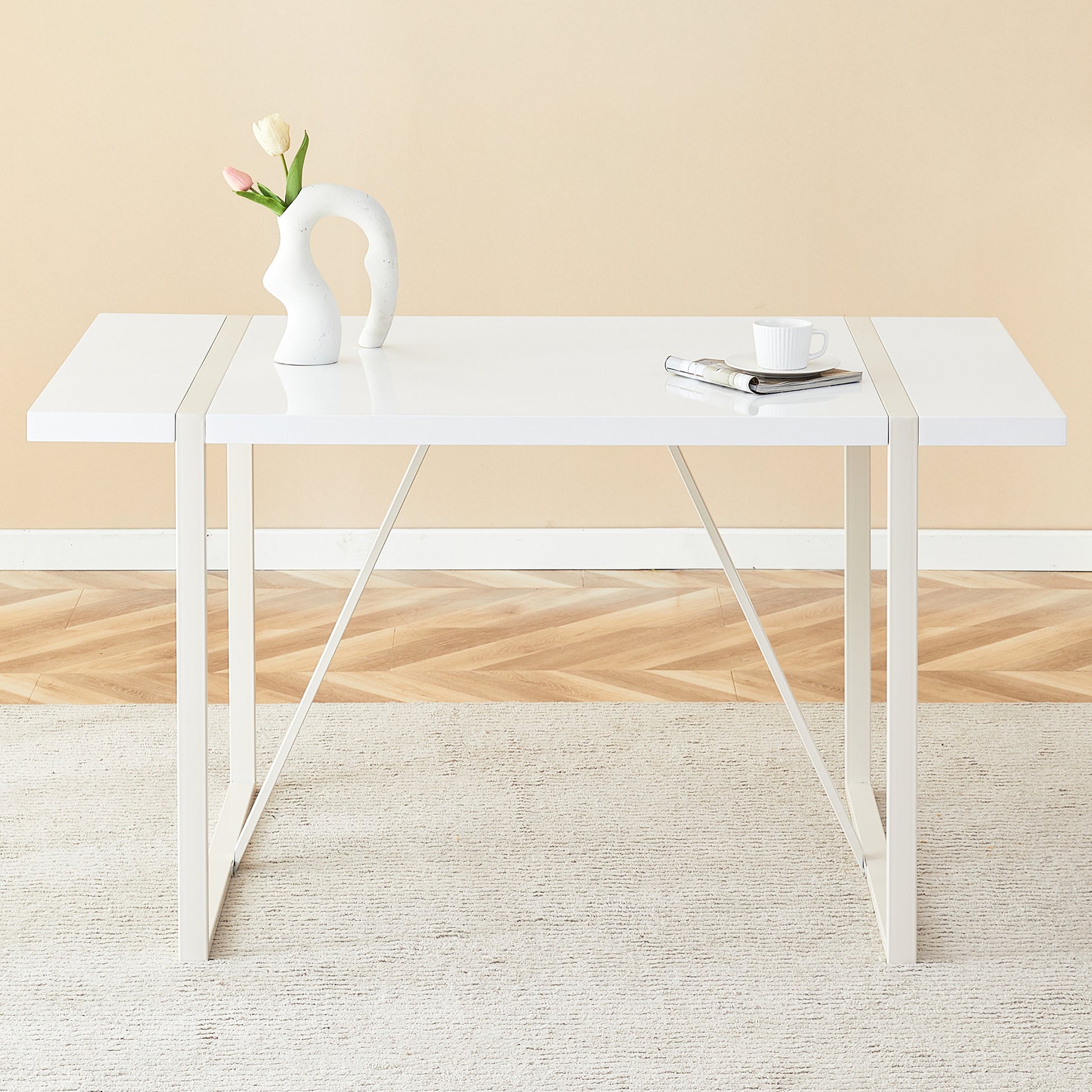 White gloss writing desk with minimalist metal legs