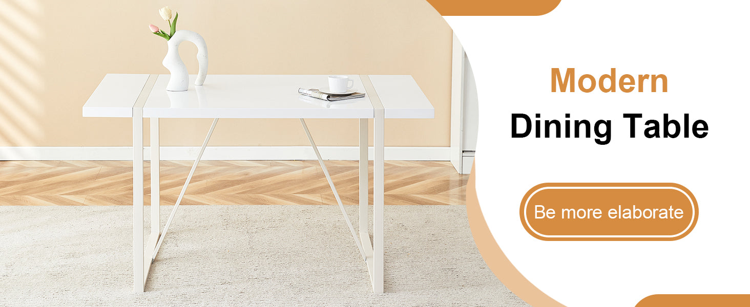 Sleek white modern dining table with a highgloss finish and geometric metal legs