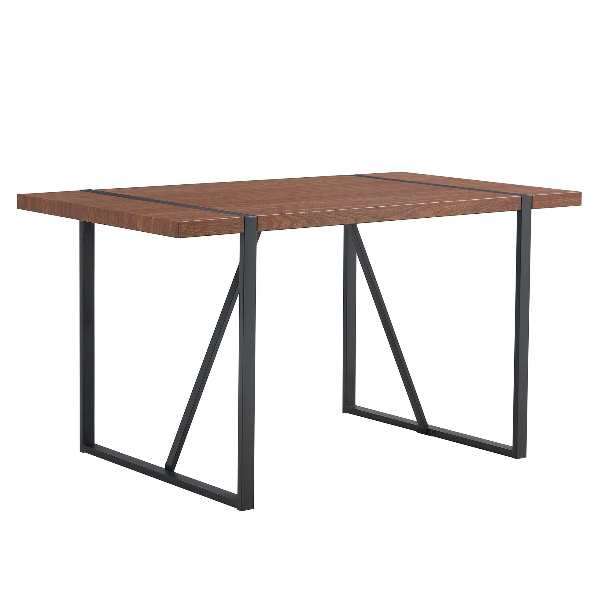 Modern walnut veneer dining table with black metal legs