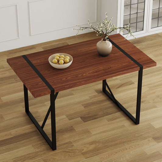 Modern walnut dining table with black metal legs and decorative inlay