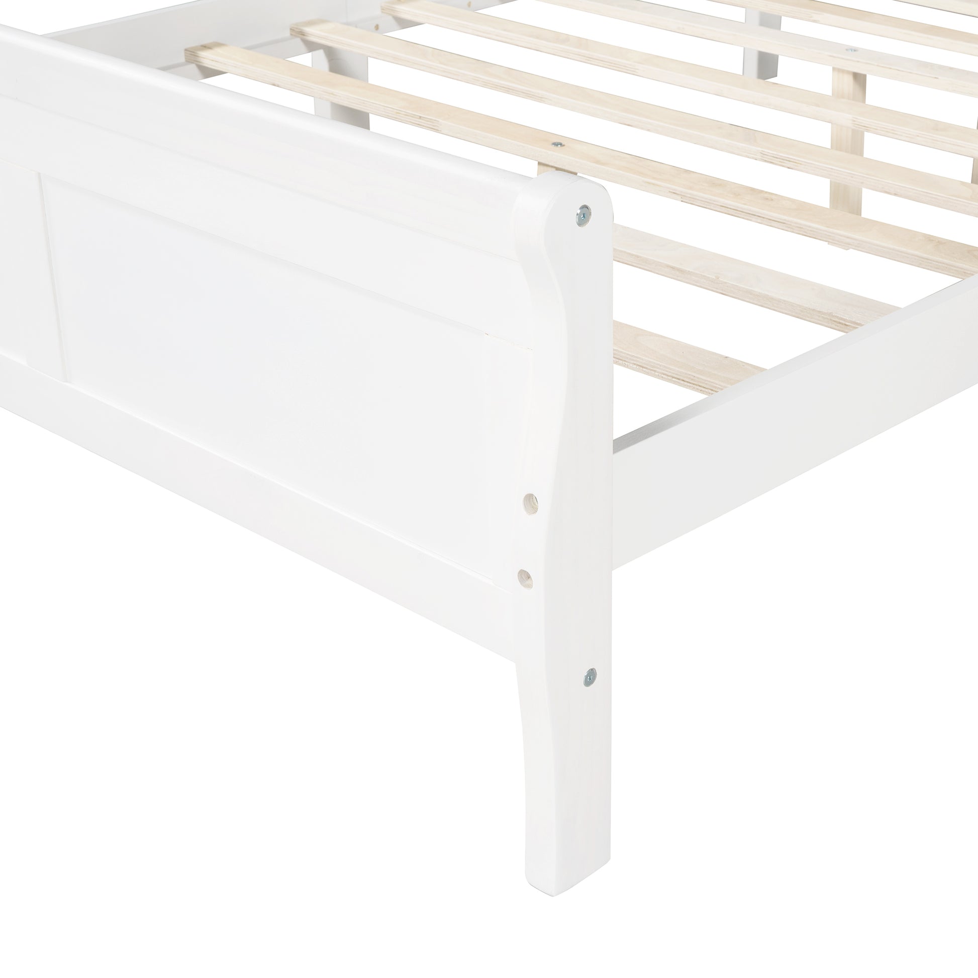 White sleigh bed frame with wooden slats clean and modern design