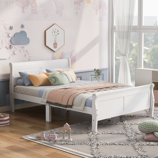 Elegant white wooden twin bed with curved headboard perfect for a childs room
