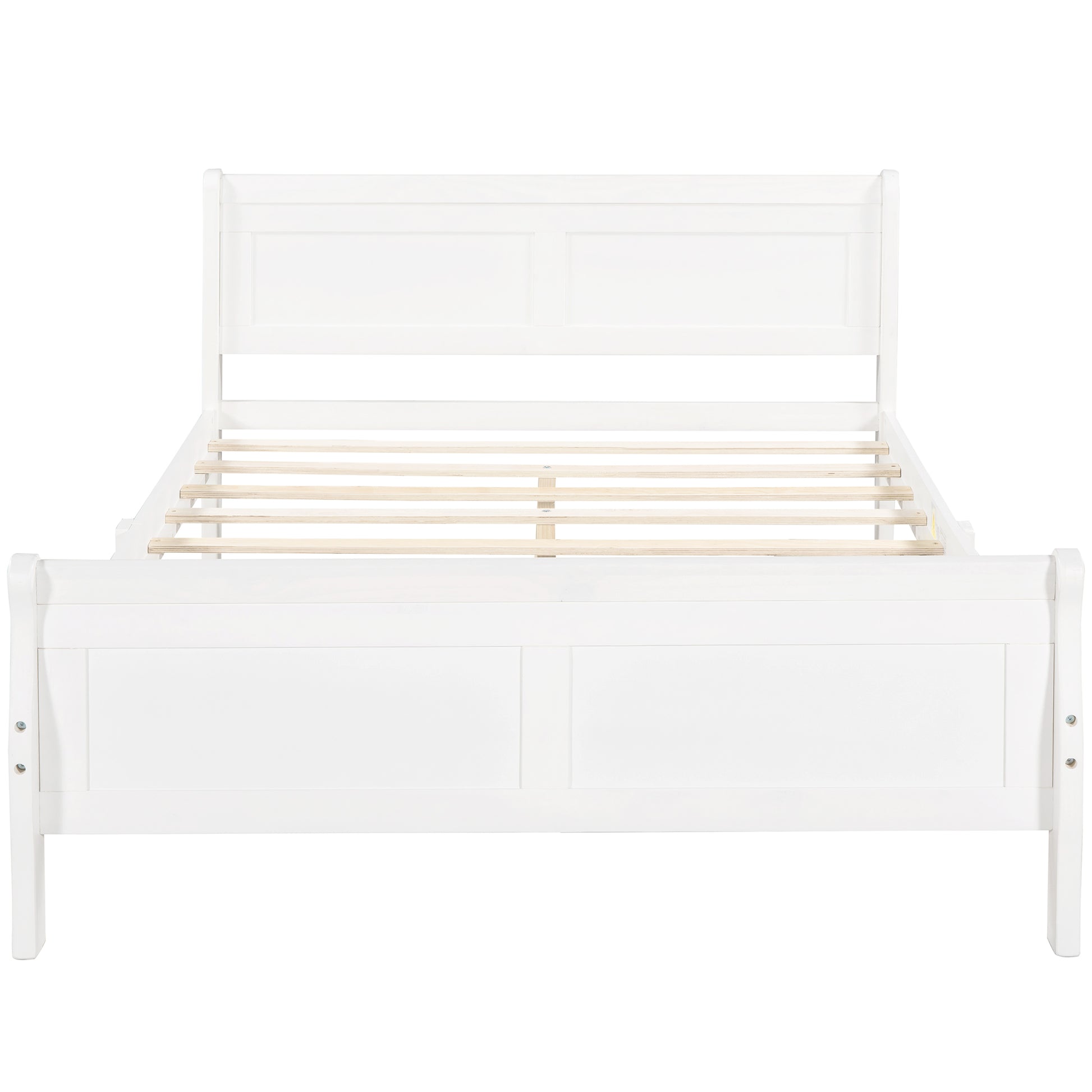 Modern white sleigh bed frame with wooden slats for mattress support