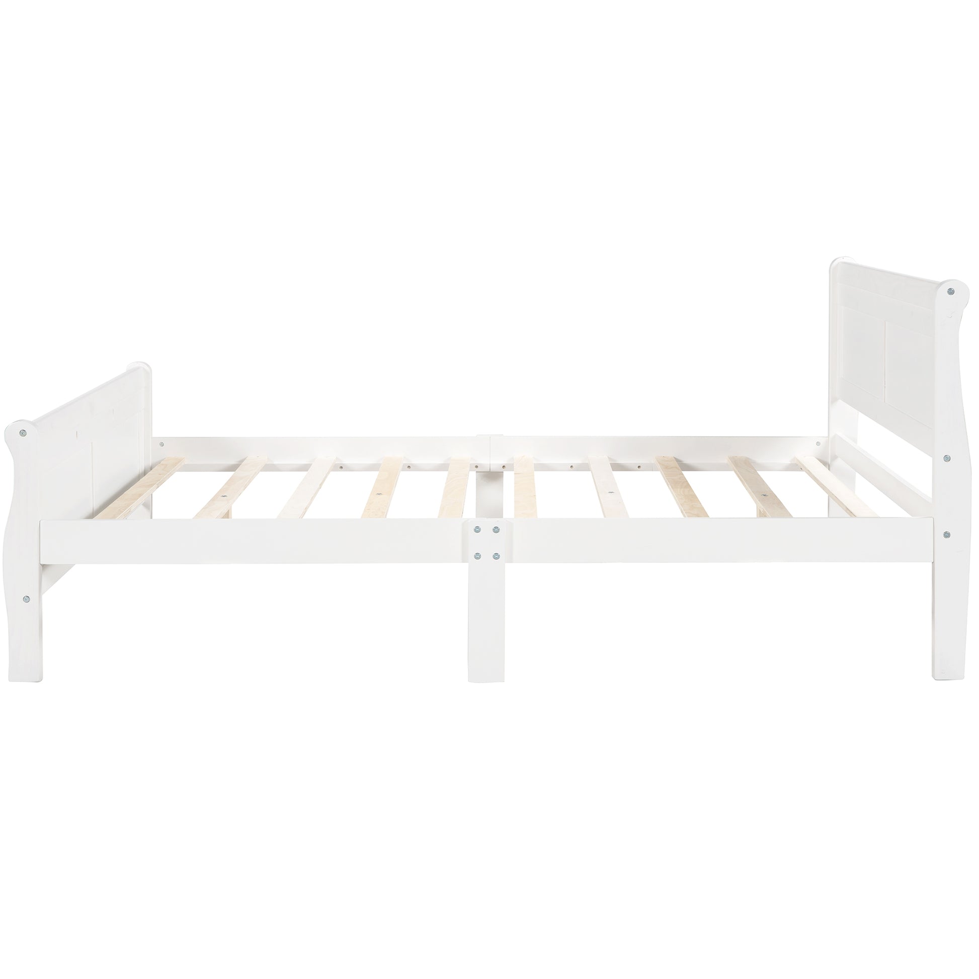 White wooden sleigh bed frame with slatted base queen size