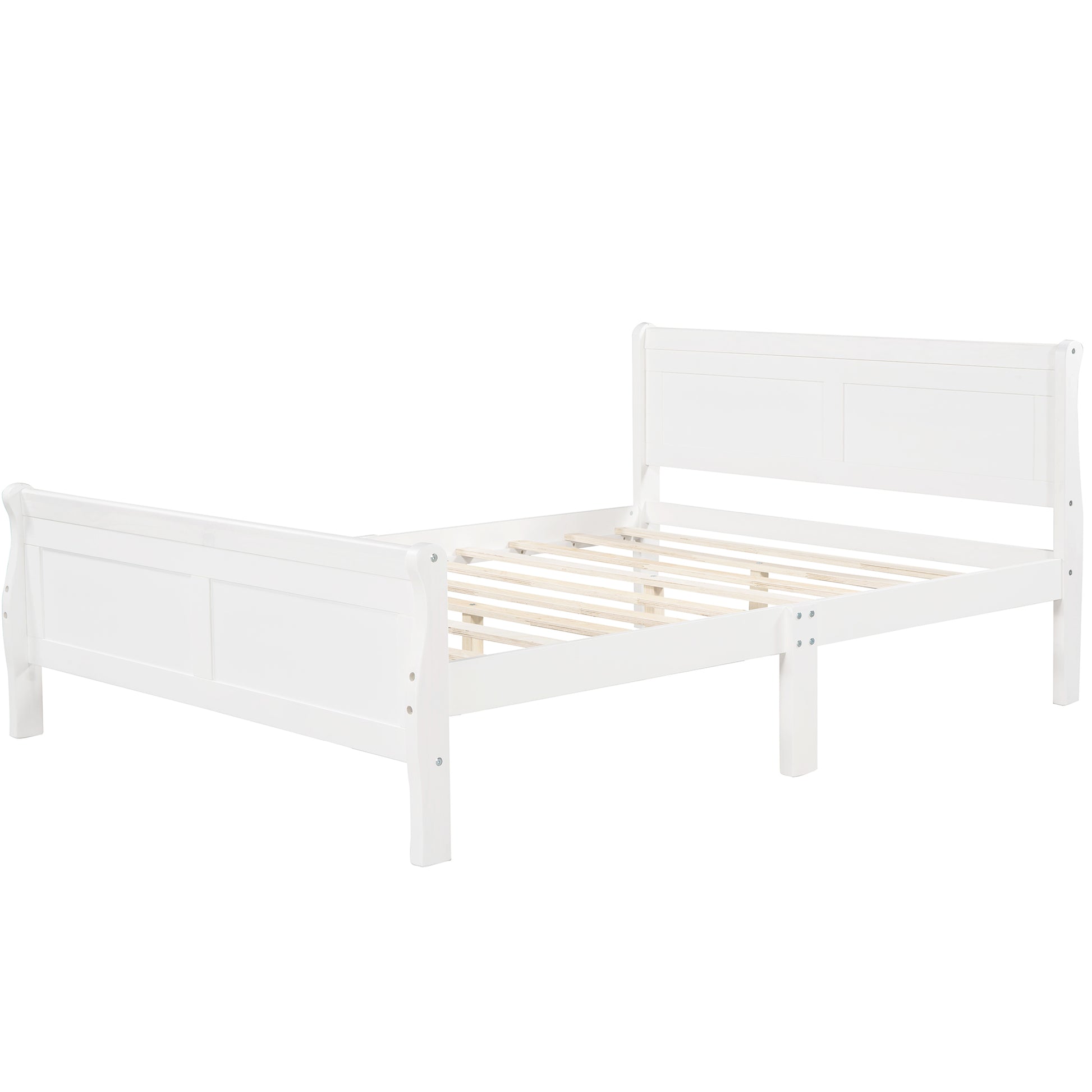 White sleigh bed frame with wooden slats and curved headboard queen size