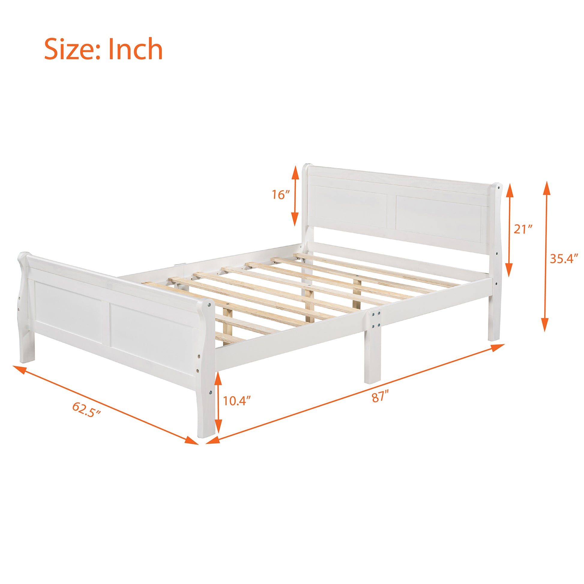 White wooden sleigh bed frame with slatted support  inches long
