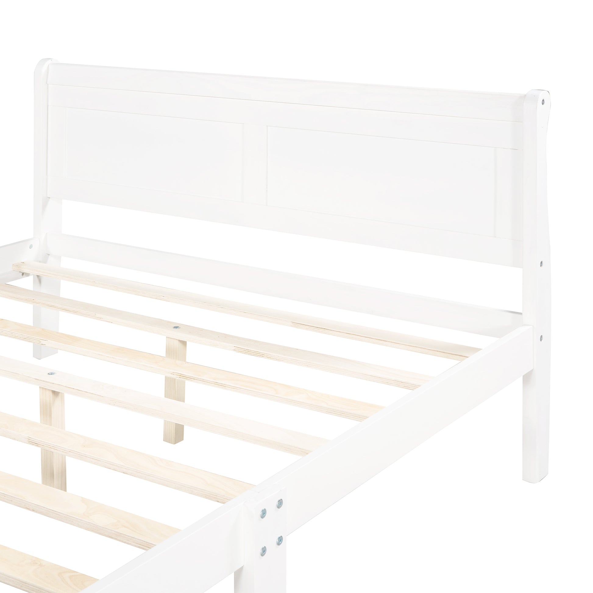 White wooden sleigh bed frame with slatted base modern design